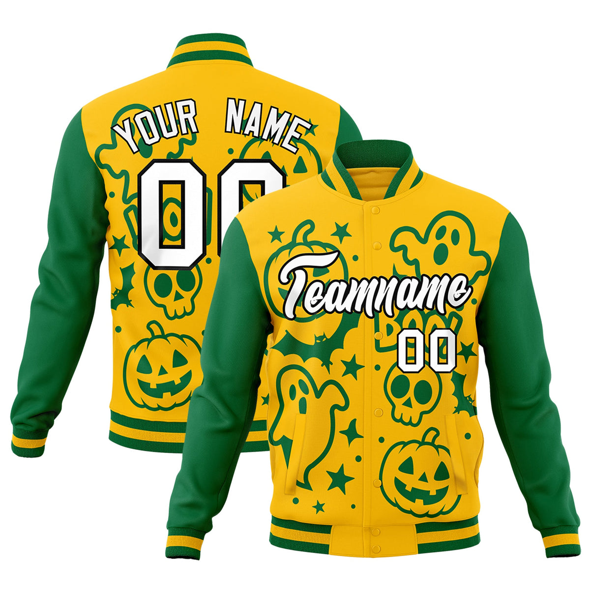 Custom Gold Kelly Green White Bats Pumpkins Ghost Patterns Halloween Letterman Jacket | Custom Letterman Jacket,Add Name and Numbern,Sublimation Printed & Stitched,Perfect for Parties | KXKSHOP
