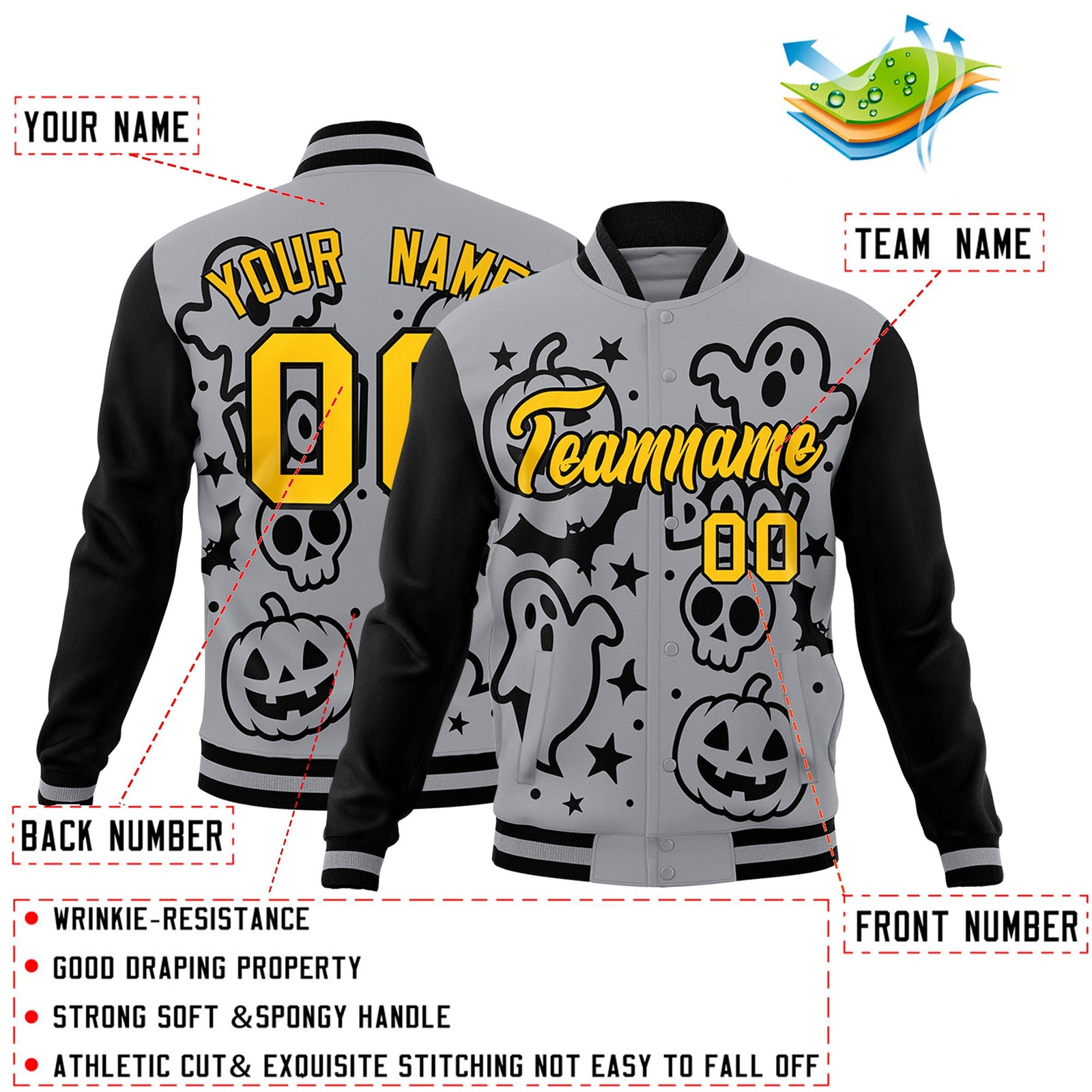 Custom Gray Black Gold Bats Pumpkins Ghost Patterns Halloween Letterman Jacket | Custom Letterman Jacket,Add Name and Numbern,Sublimation Printed & Stitched,Perfect for Parties | KXKSHOP