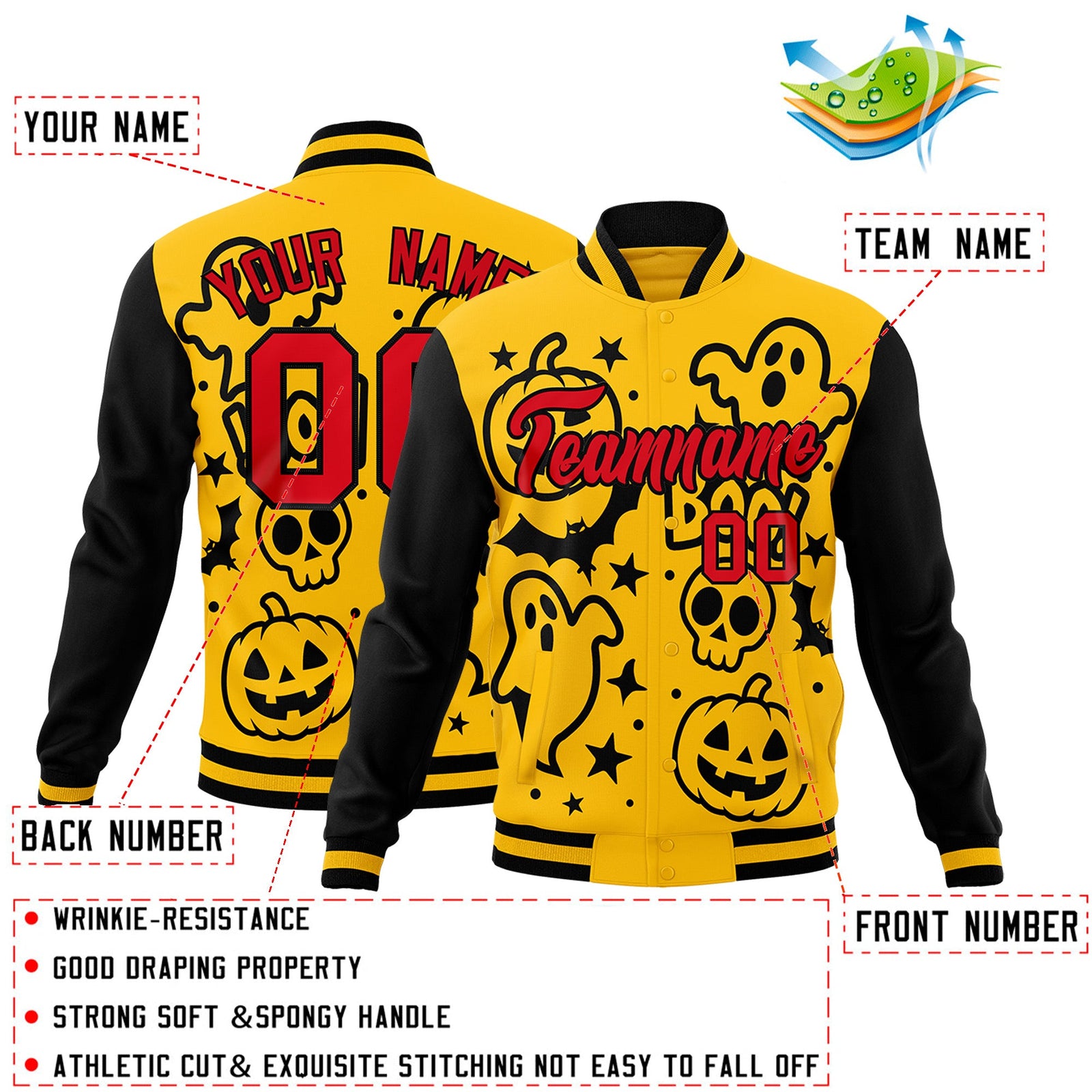 Custom Gold Black Red Bats Pumpkins Ghost Patterns Halloween Letterman Jacket | Custom Letterman Jacket,Add Name and Numbern,Sublimation Printed & Stitched,Perfect for Parties | KXKSHOP