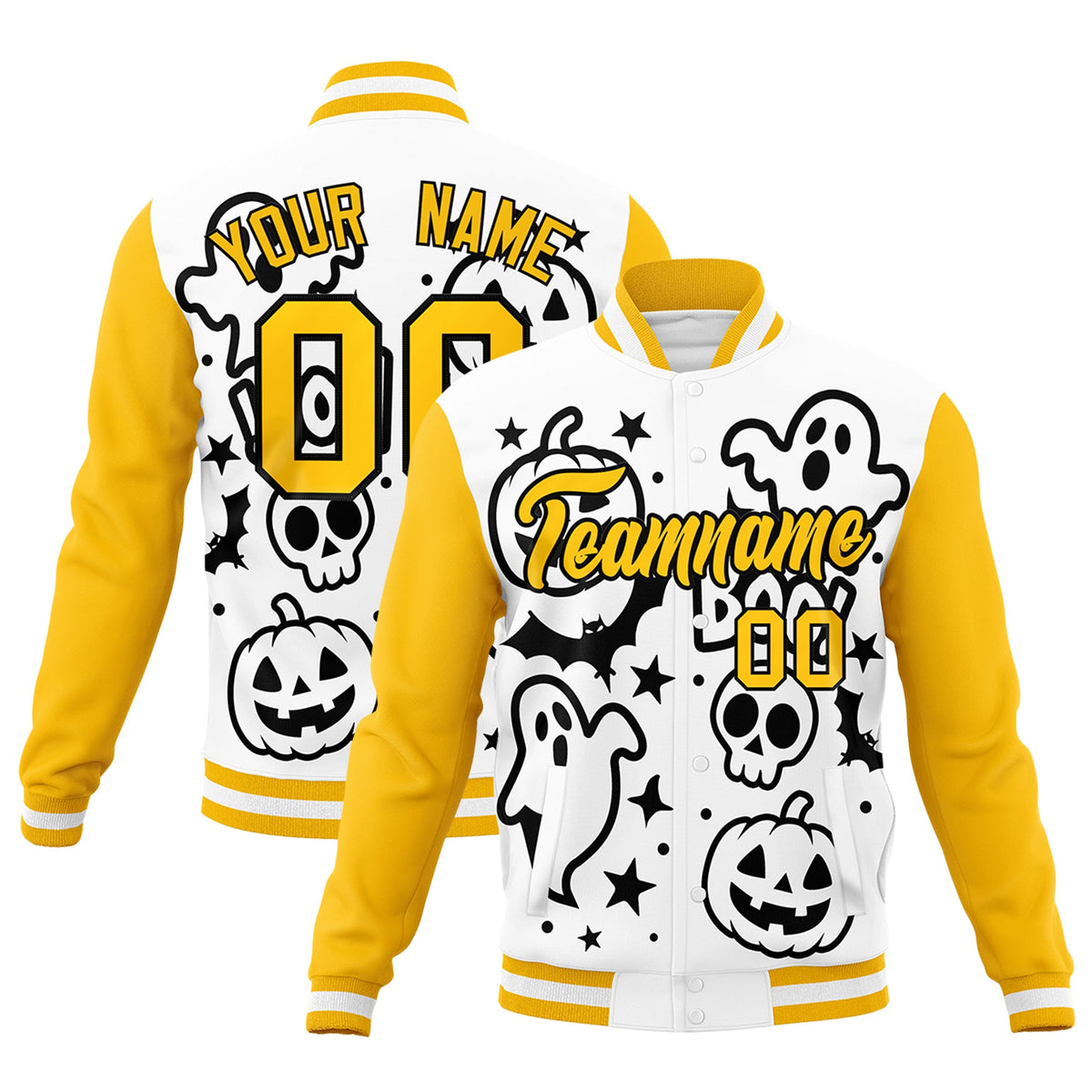 Custom White Black Gold Bats Pumpkins Ghost Patterns Halloween Letterman Jacket | Custom Letterman Jacket,Add Name and Numbern,Sublimation Printed &amp; Stitched,Perfect for Parties | KXKSHOP