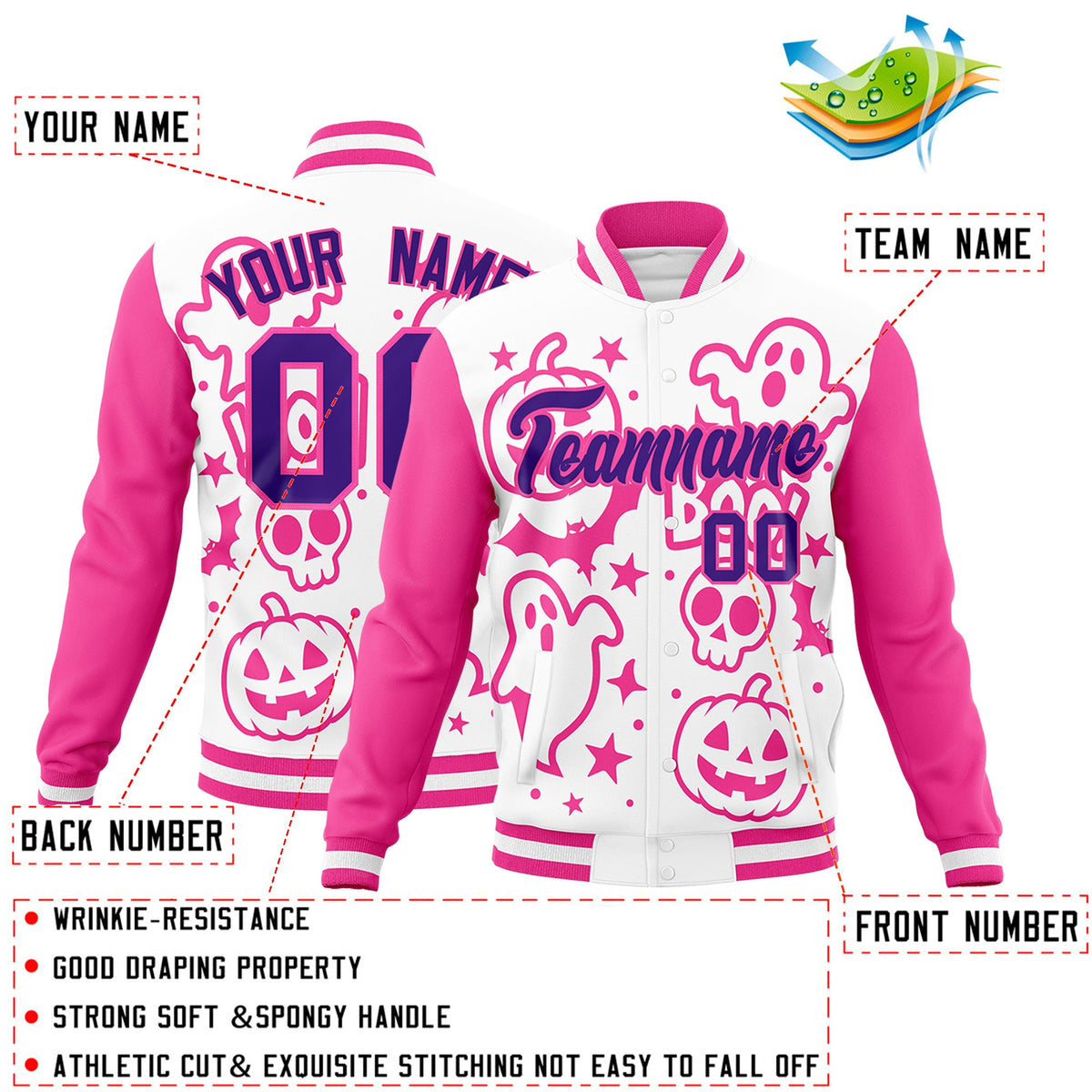 Custom White Pink Purple Bats Pumpkins Ghost Patterns Halloween Letterman Jacket | Custom Letterman Jacket,Add Name and Numbern,Sublimation Printed &amp; Stitched,Perfect for Parties | KXKSHOP