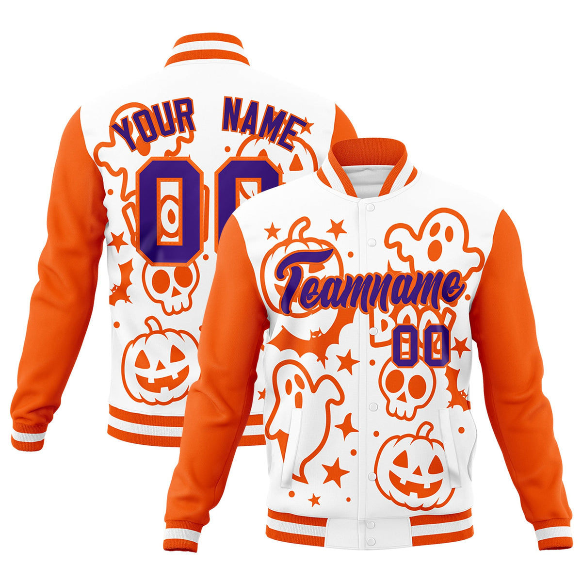 Custom White Orange Purple Bats Pumpkins Ghost Patterns Halloween Letterman Jacket | Custom Letterman Jacket,Add Name and Numbern,Sublimation Printed &amp; Stitched,Perfect for Parties | KXKSHOP
