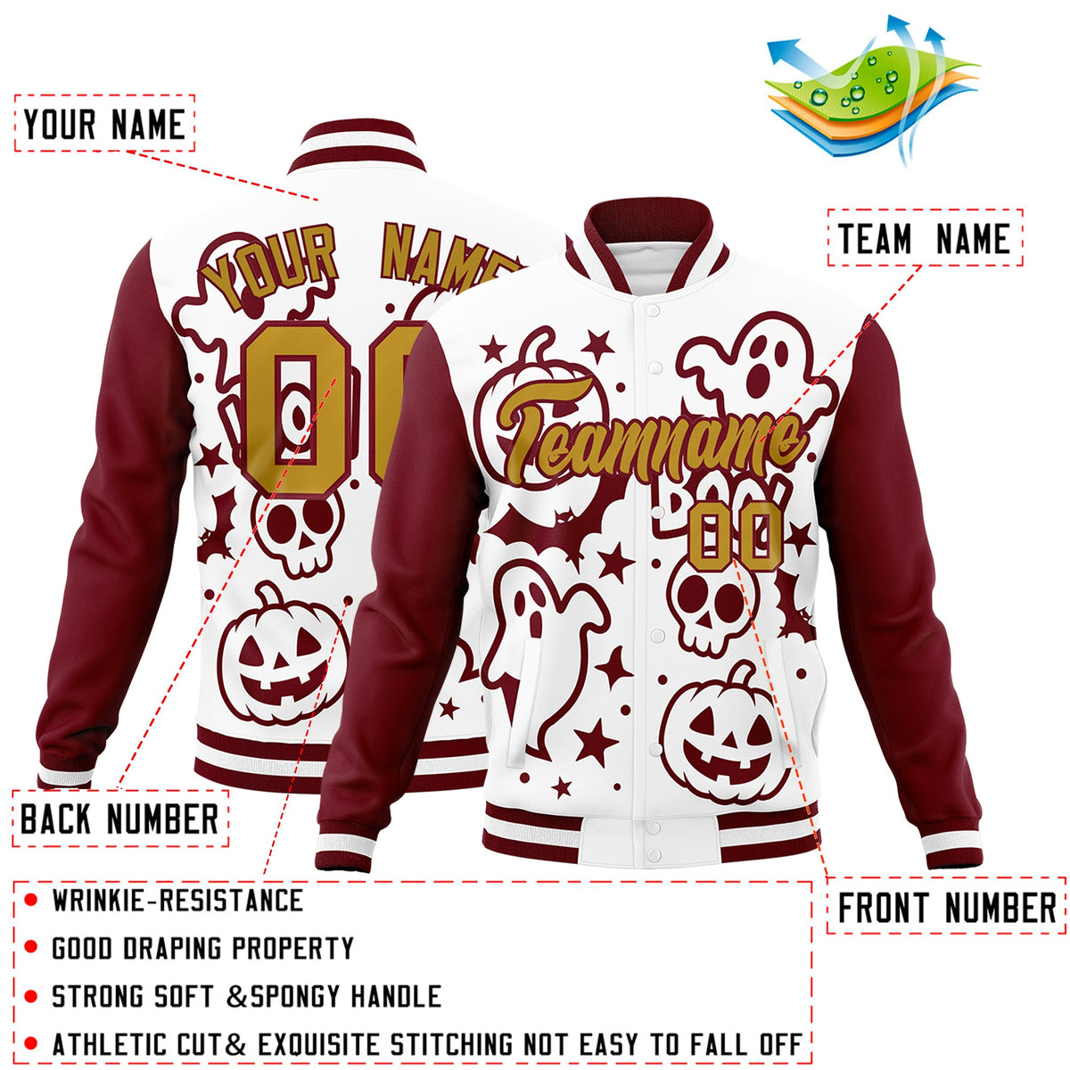 Custom White Crimson Old Gold Bats Pumpkins Ghost Patterns Halloween Letterman Jacket | Custom Letterman Jacket,Add Name and Numbern,Sublimation Printed &amp; Stitched,Perfect for Parties | KXKSHOP