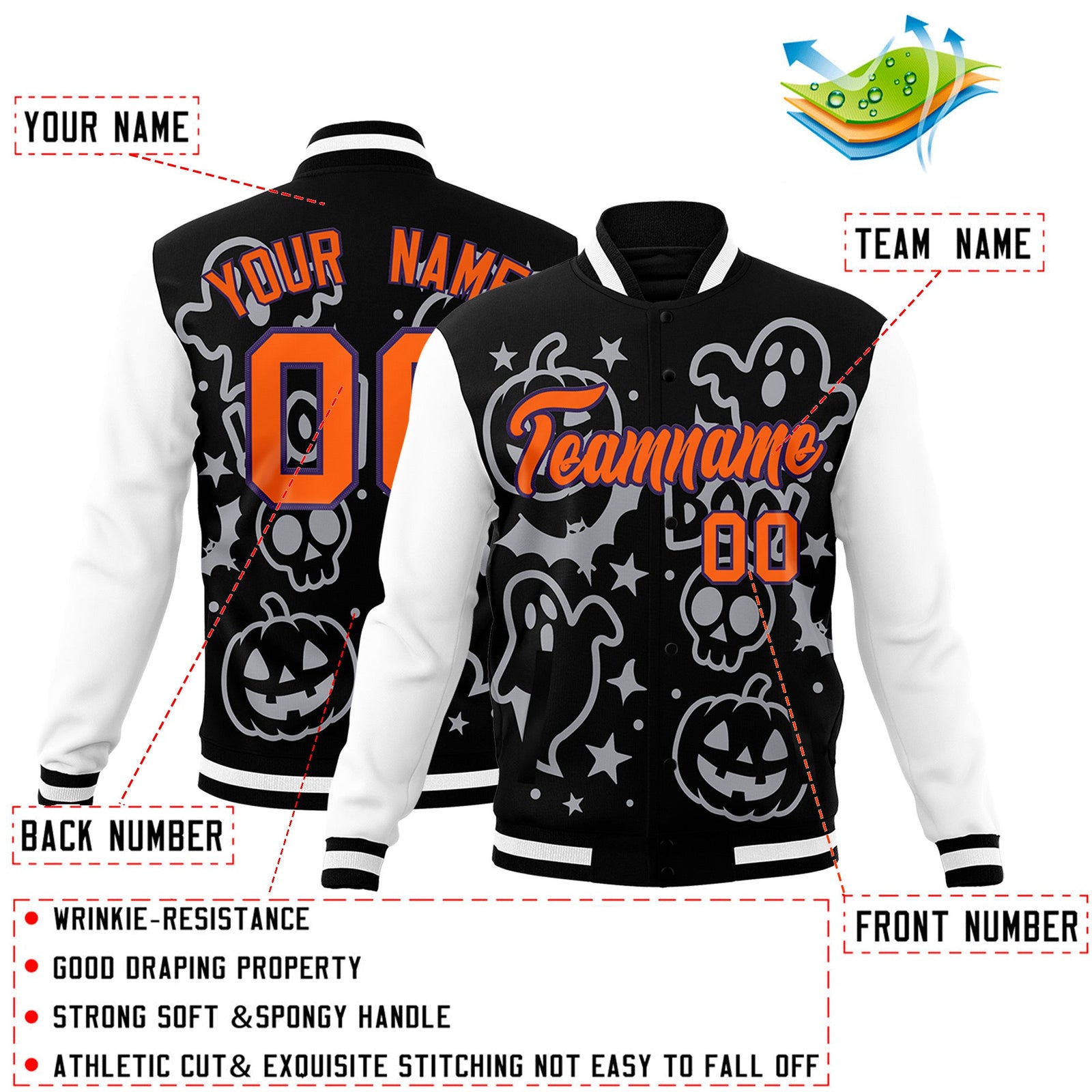 Custom Navy White Orange Bats Pumpkins Ghost Patterns Halloween Letterman Jacket | Custom Letterman Jacket,Add Name and Numbern,Sublimation Printed & Stitched,Perfect for Parties | KXKSHOP