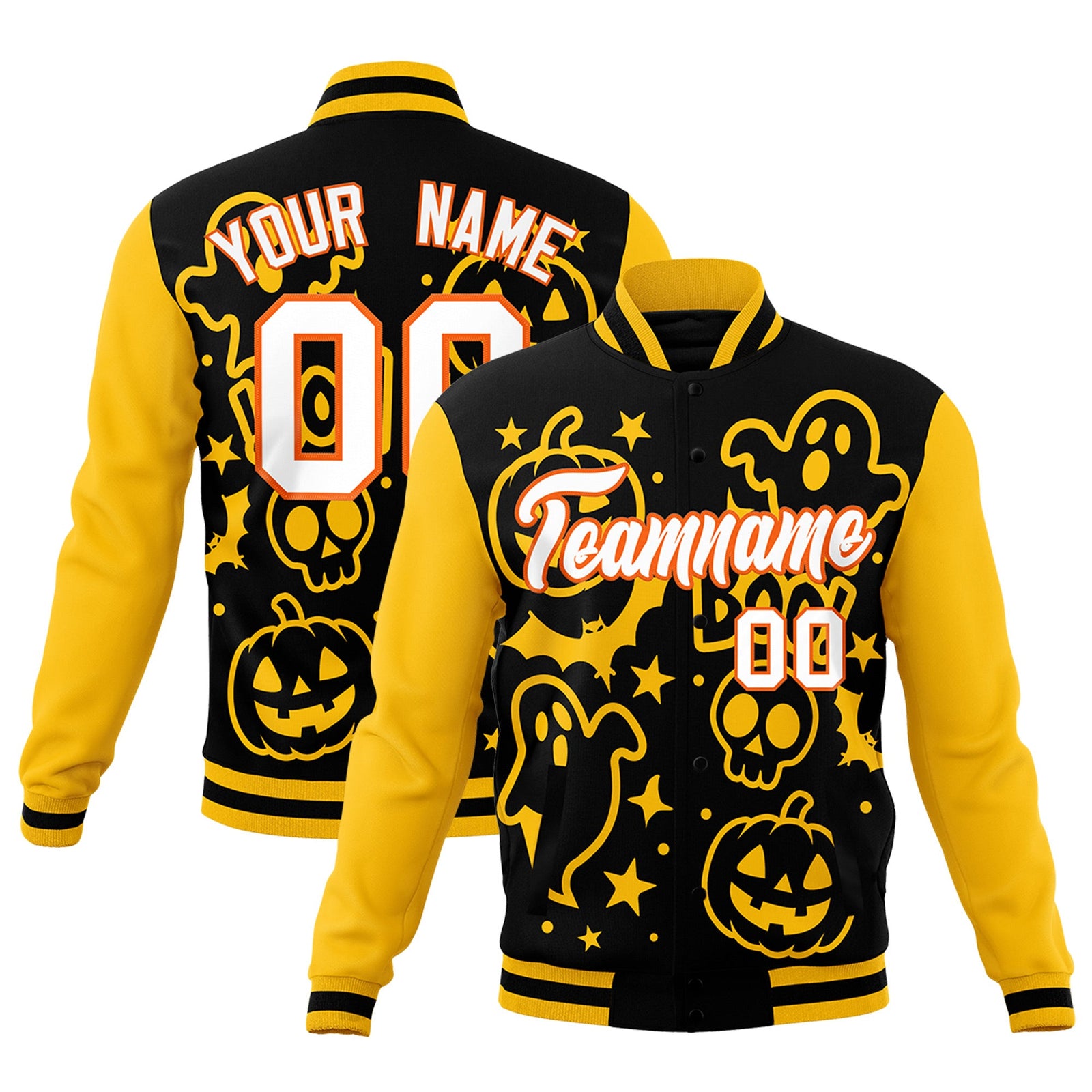 Custom Gold Black White Bats Pumpkins Ghost Patterns Halloween Letterman Jacket | Custom Letterman Jacket,Add Name and Numbern,Sublimation Printed & Stitched,Perfect for Parties | KXKSHOP