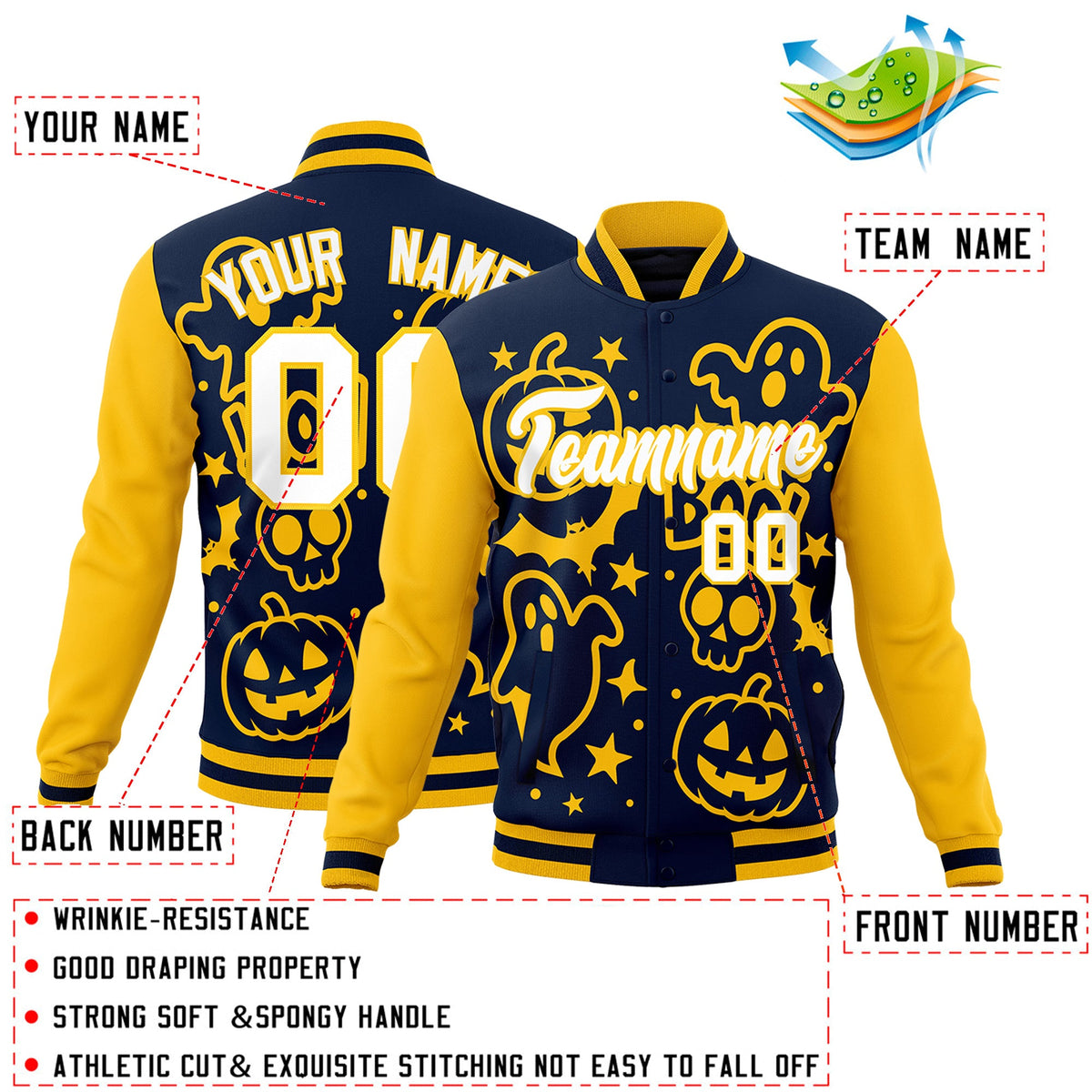 Custom Gold Navy White Bats Pumpkins Ghost Patterns Halloween Letterman Jacket | Custom Letterman Jacket,Add Name and Numbern,Sublimation Printed &amp; Stitched,Perfect for Parties | KXKSHOP