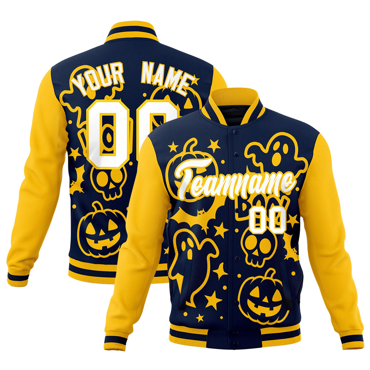 Custom Gold Navy White Bats Pumpkins Ghost Patterns Halloween Letterman Jacket | Custom Letterman Jacket,Add Name and Numbern,Sublimation Printed &amp; Stitched,Perfect for Parties | KXKSHOP