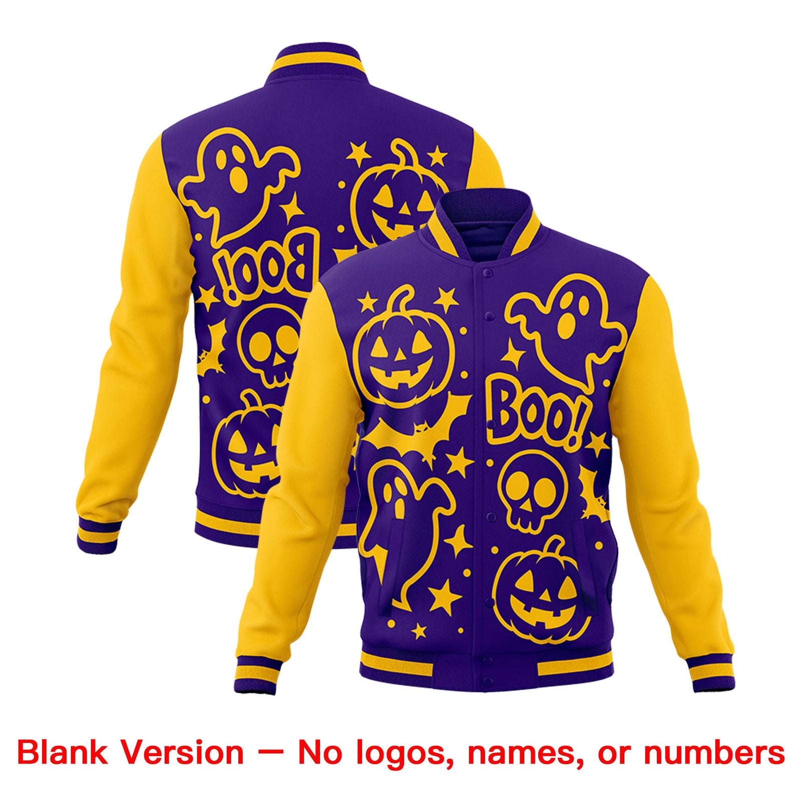 Custom Purple Gold White Bats Pumpkins Ghost Patterns Halloween Letterman Jacket | Custom Letterman Jacket,Add Name and Numbern,Sublimation Printed & Stitched,Perfect for Parties | KXKSHOP