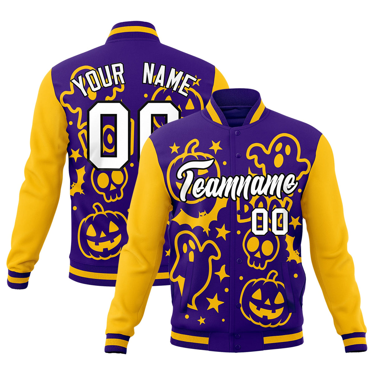 Custom Purple Gold White Bats Pumpkins Ghost Patterns Halloween Letterman Jacket | Custom Letterman Jacket,Add Name and Numbern,Sublimation Printed &amp; Stitched,Perfect for Parties | KXKSHOP
