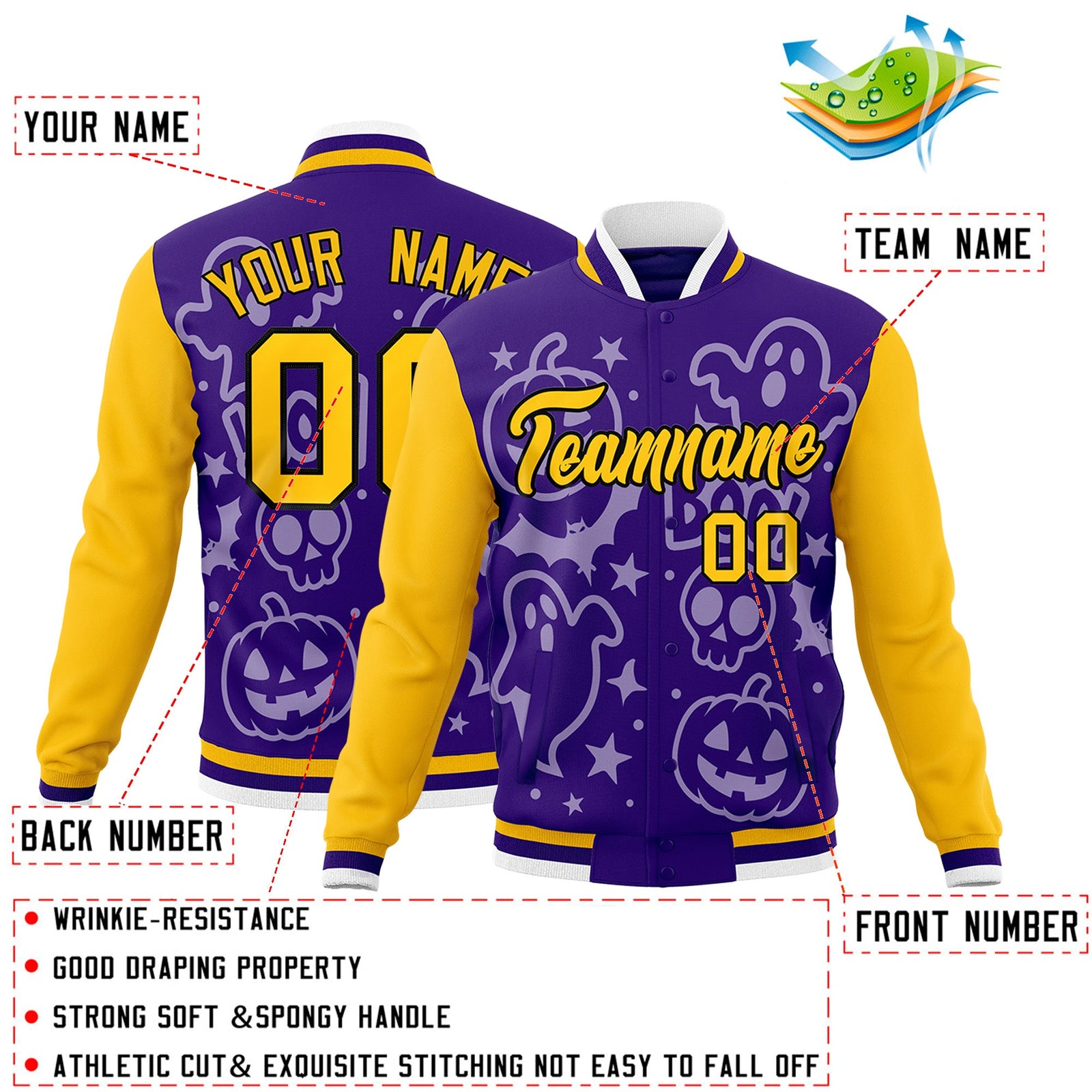 Custom Yellow Purple Gold Bats Pumpkins Ghost Patterns Halloween Letterman Jacket | Custom Letterman Jacket,Add Name and Numbern,Sublimation Printed & Stitched,Perfect for Parties | KXKSHOP