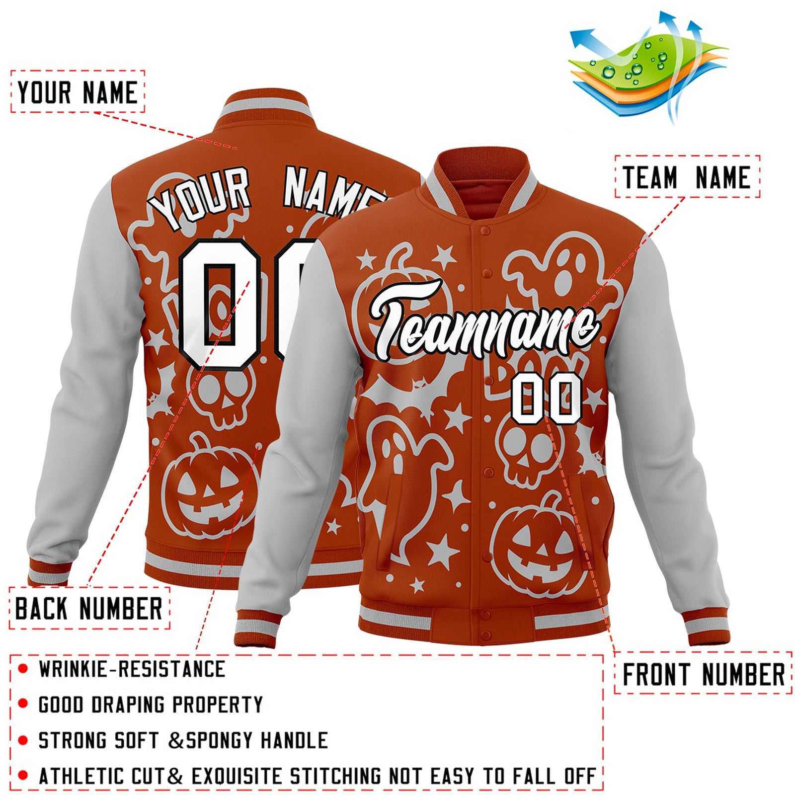 Custom Dark Orange Gray White Bats Pumpkins Ghost Patterns Halloween Letterman Jacket | Custom Letterman Jacket,Add Name and Numbern,Sublimation Printed & Stitched,Perfect for Parties | KXKSHOP