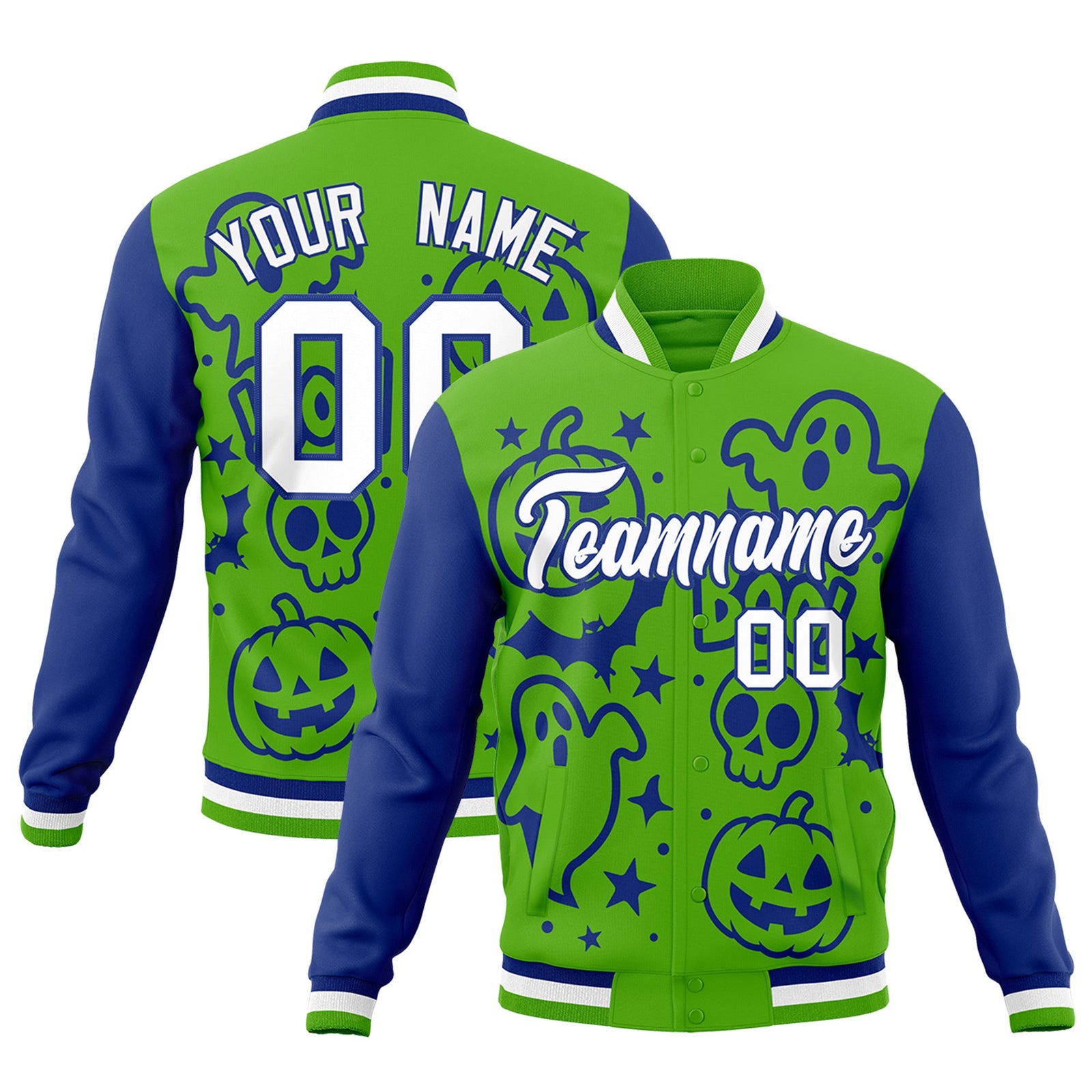 Custom Green Royal Blue White Bats Pumpkins Ghost Patterns Halloween Letterman Jacket | Custom Letterman Jacket,Add Name and Numbern,Sublimation Printed & Stitched,Perfect for Parties | KXKSHOP