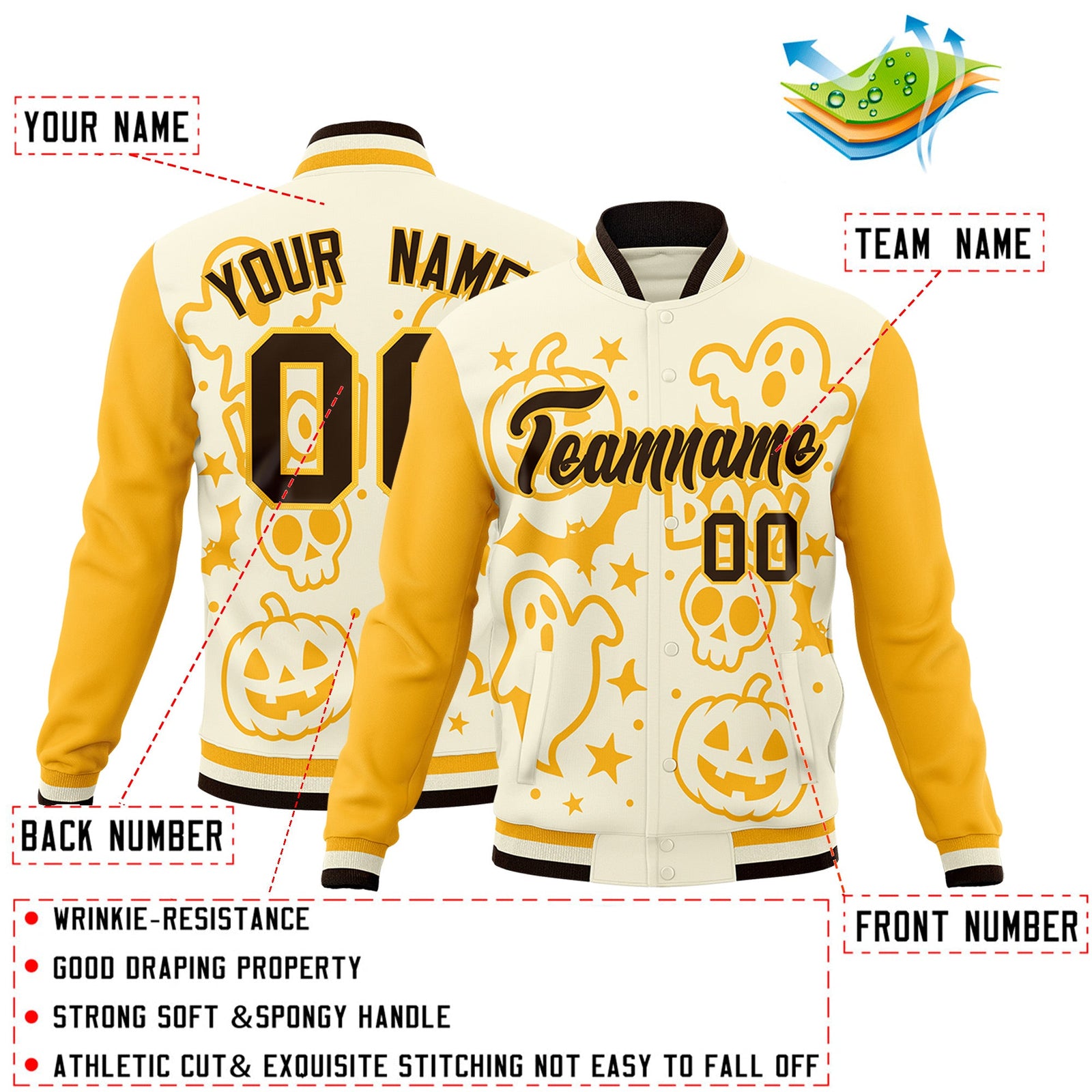 Custom Yellow Cream Gold Bats Pumpkins Ghost Patterns Halloween Letterman Jacket | Custom Letterman Jacket,Add Name and Numbern,Sublimation Printed & Stitched,Perfect for Parties | KXKSHOP
