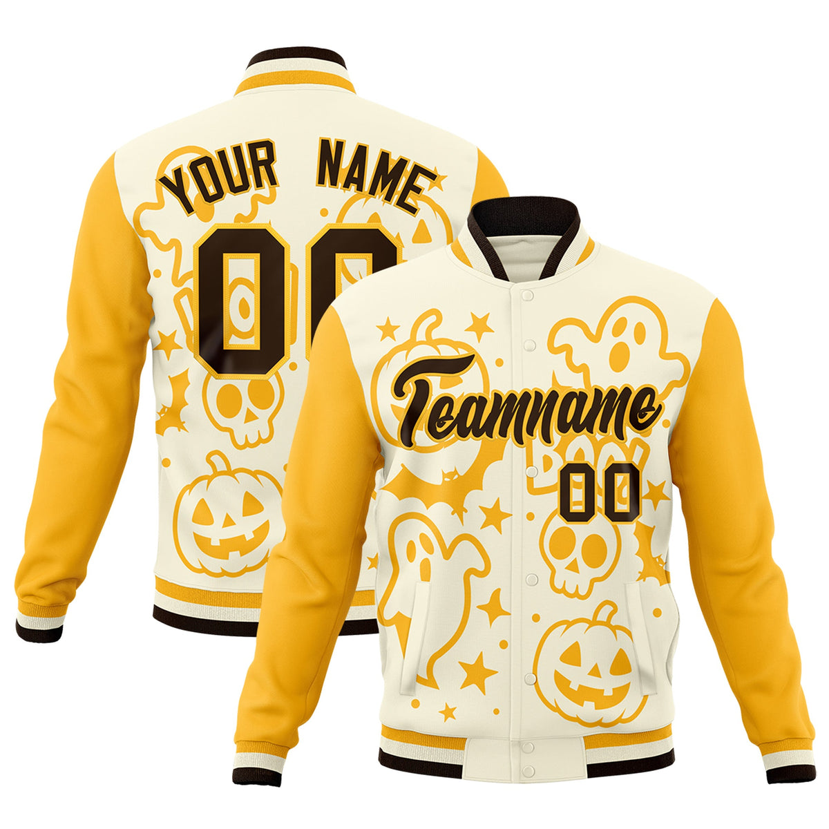Custom Yellow Cream Gold Bats Pumpkins Ghost Patterns Halloween Letterman Jacket | Custom Letterman Jacket,Add Name and Numbern,Sublimation Printed & Stitched,Perfect for Parties | KXKSHOP