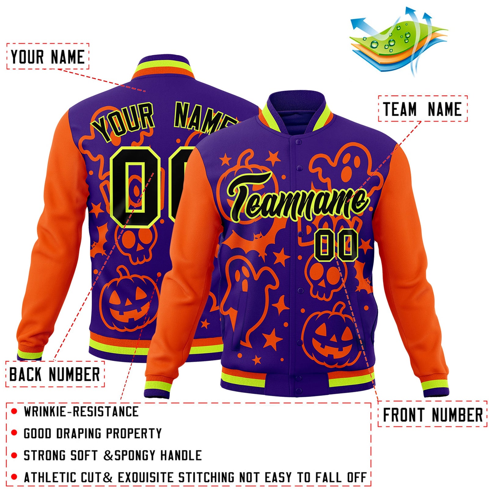Custom Orange Purple Neon Green Bats Pumpkins Ghost Patterns Halloween Letterman Jacket | Custom Letterman Jacket,Add Name and Numbern,Sublimation Printed & Stitched,Perfect for Parties | KXKSHOP