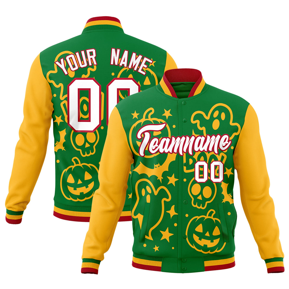 Custom Kelly Green Gold Red Bats Pumpkins Ghost Patterns Halloween Letterman Jacket | Custom Letterman Jacket,Add Name and Numbern,Sublimation Printed & Stitched,Perfect for Parties | KXKSHOP