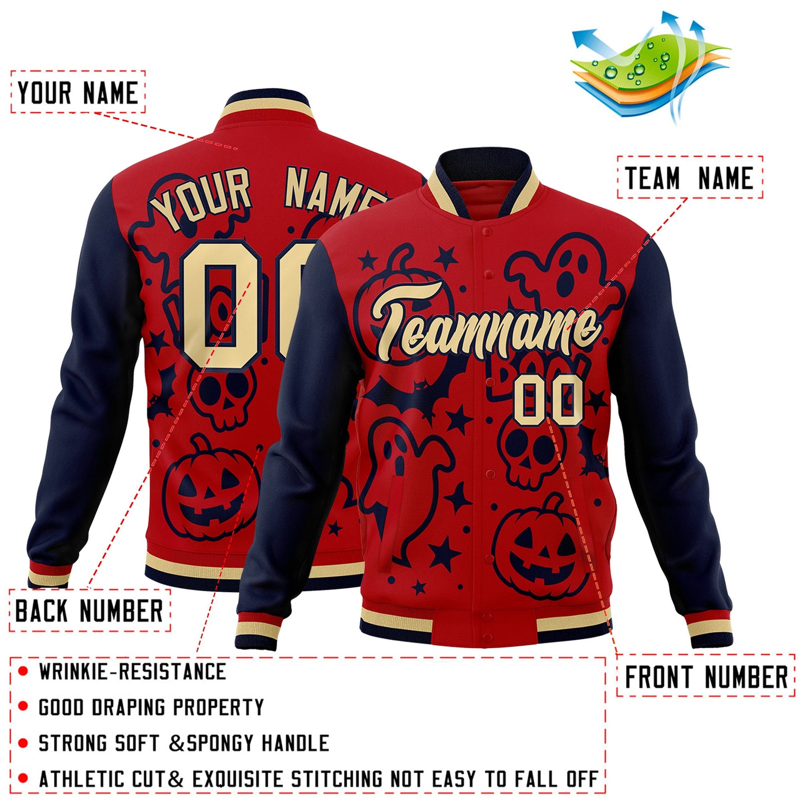 Custom Red Navy Khaki Bats Pumpkins Ghost Patterns Halloween Letterman Jacket | Custom Letterman Jacket,Add Name and Numbern,Sublimation Printed & Stitched,Perfect for Parties | KXKSHOP