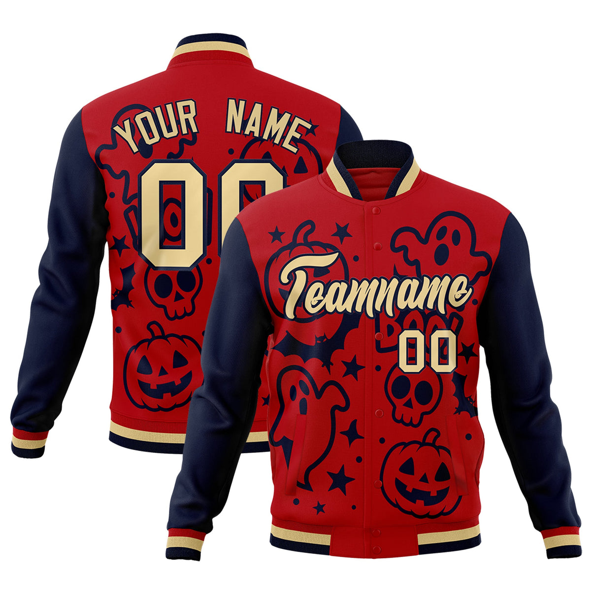 Custom Red Navy Khaki Bats Pumpkins Ghost Patterns Halloween Letterman Jacket | Custom Letterman Jacket,Add Name and Numbern,Sublimation Printed & Stitched,Perfect for Parties | KXKSHOP