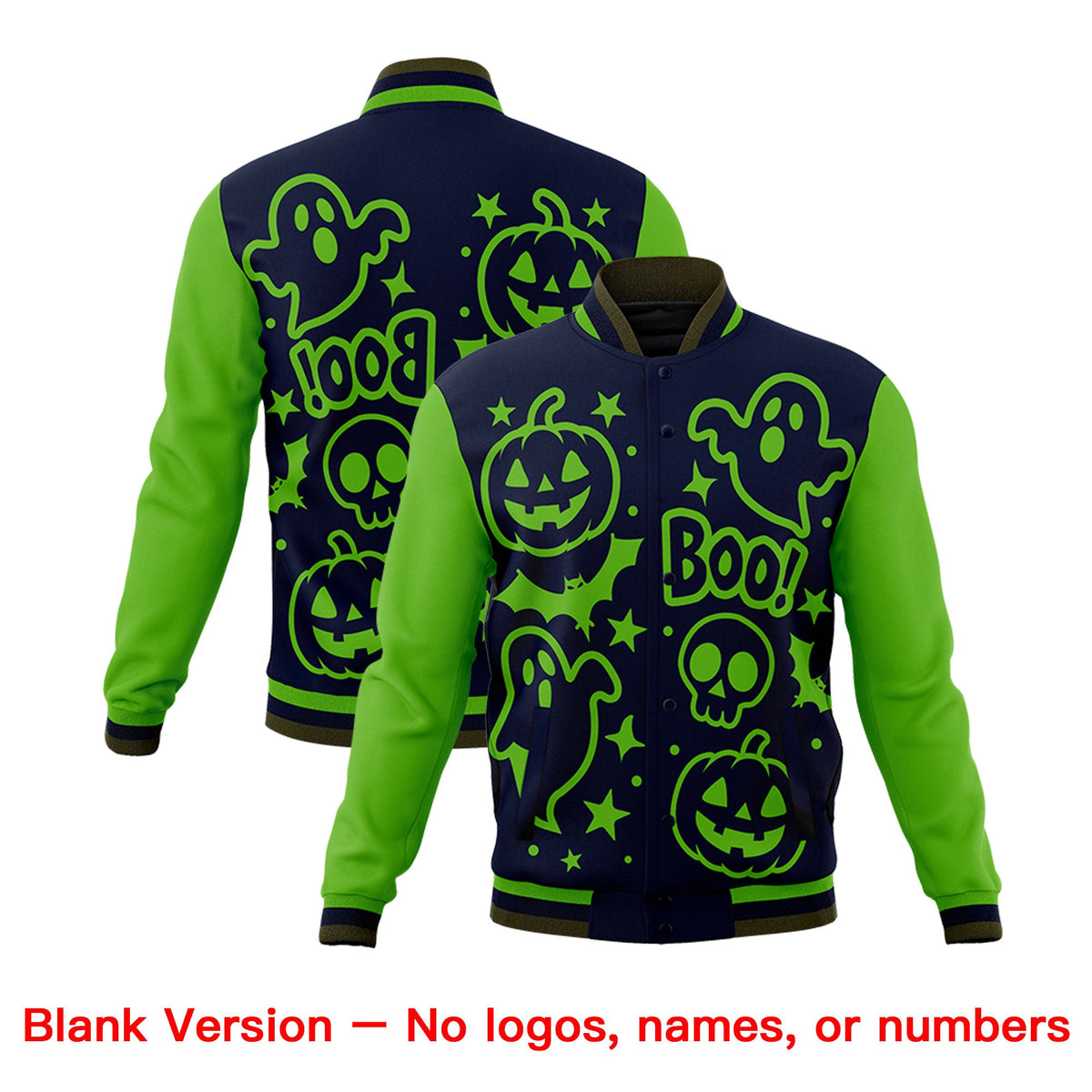 Custom Green Navy Olive Bats Pumpkins Ghost Patterns Halloween Letterman Jacket | Custom Letterman Jacket,Add Name and Numbern,Sublimation Printed &amp; Stitched,Perfect for Parties | KXKSHOP