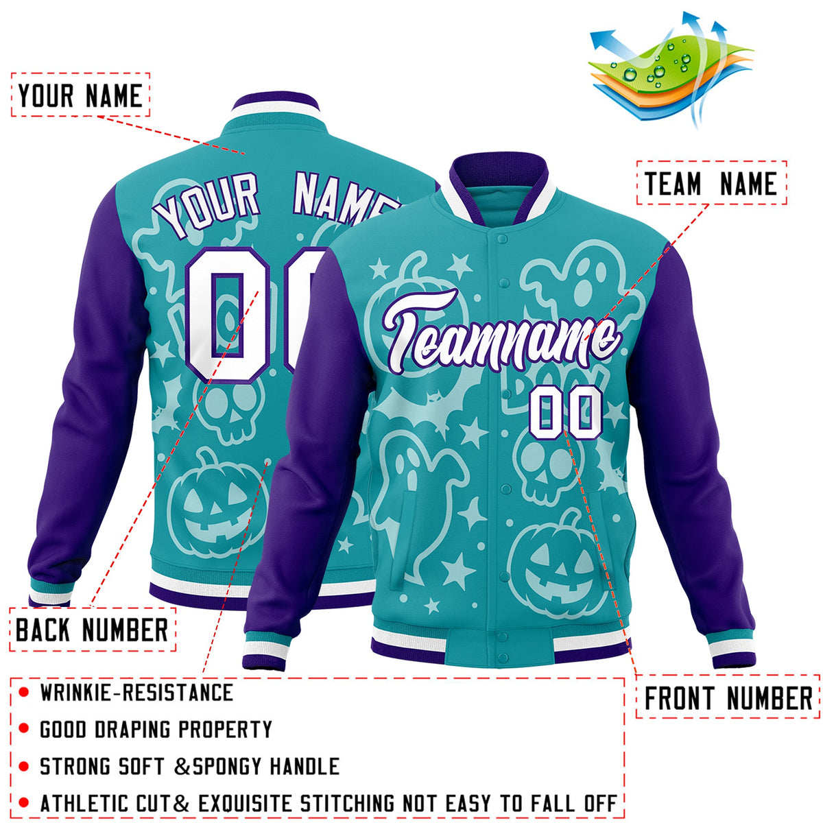 Custom Aqua Purple White Bats Pumpkins Ghost Patterns Halloween Letterman Jacket | Custom Letterman Jacket,Add Name and Numbern,Sublimation Printed &amp; Stitched,Perfect for Parties | KXKSHOP