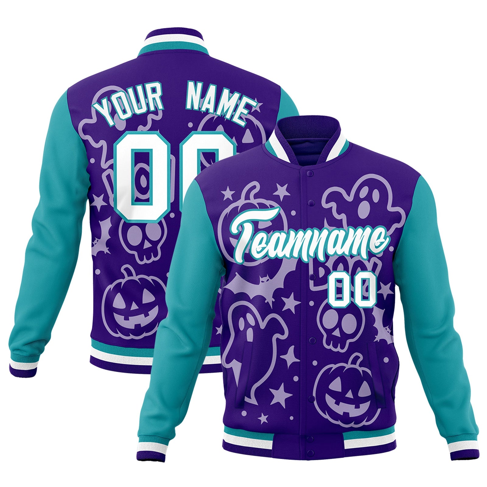 Custom Purple Aqua White Bats Pumpkins Ghost Patterns Halloween Letterman Jacket | Custom Letterman Jacket,Add Name and Numbern,Sublimation Printed & Stitched,Perfect for Parties | KXKSHOP