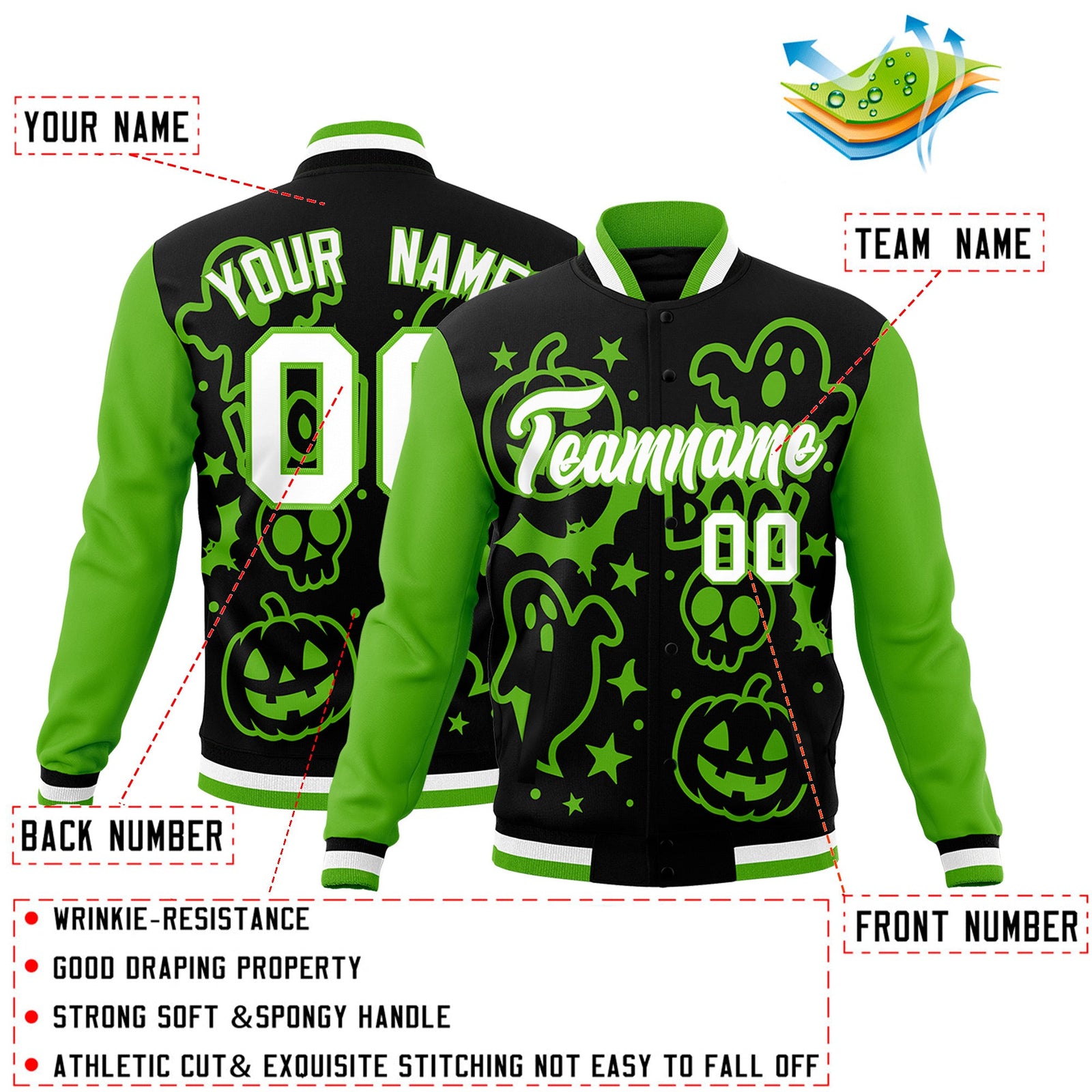 Custom Black Green White Bats Pumpkins Ghost Patterns Halloween Letterman Jacket | Custom Letterman Jacket,Add Name and Numbern,Sublimation Printed & Stitched,Perfect for Parties | KXKSHOP