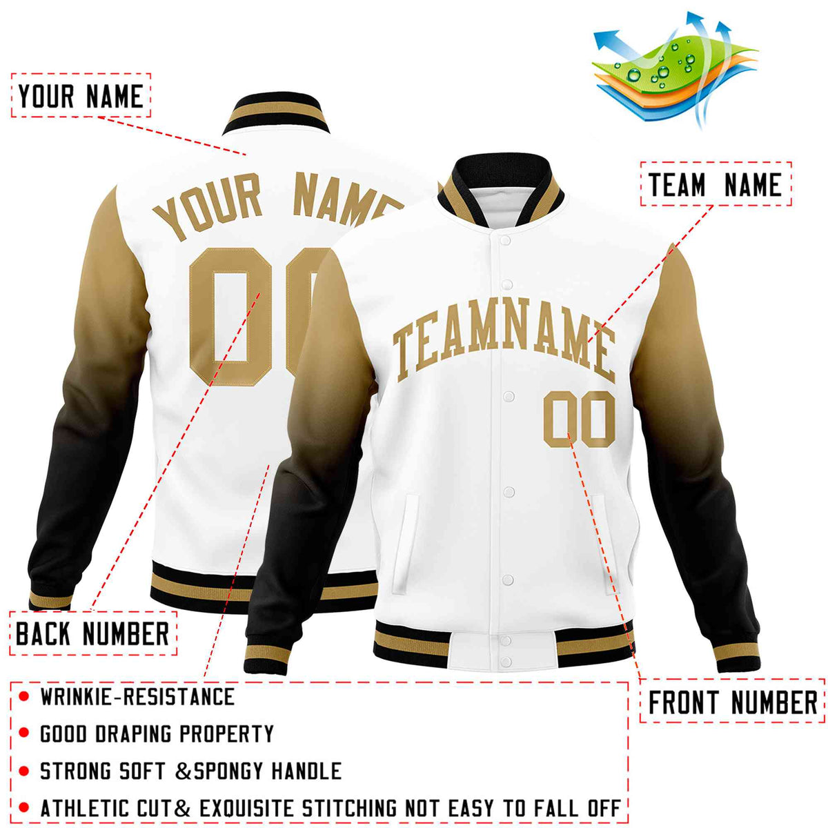 Custom White Black Old Gold Full-Snap Varsity Raglan Sleeves Gradient Letterman Jacket