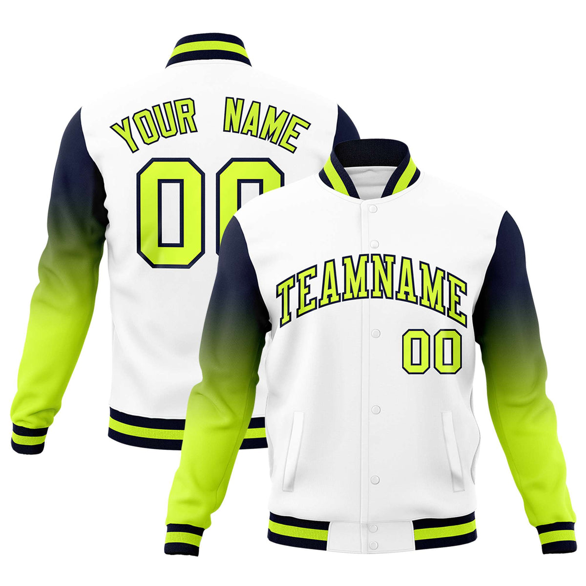 Custom White Neon Green Navy Full-Snap Varsity Raglan Sleeves Gradient Letterman Jacket