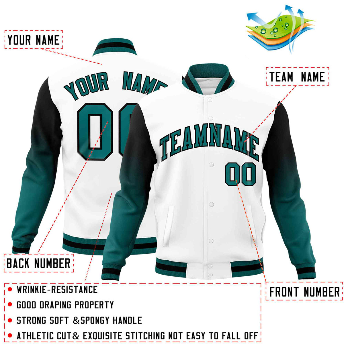 Custom White Teal Black Full-Snap Varsity Raglan Sleeves Gradient Letterman Jacket