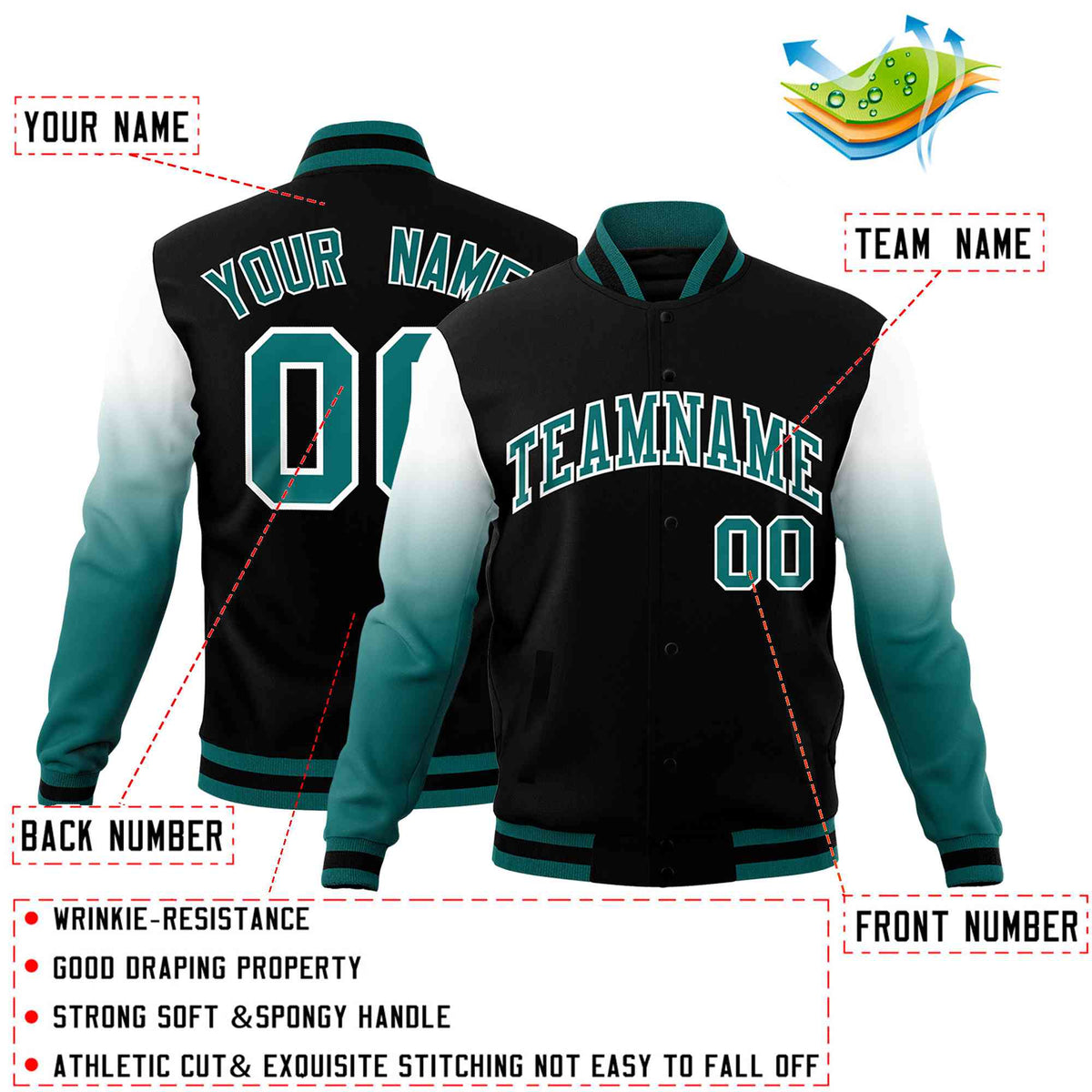 Custom Black Teal White Full-Snap Varsity Raglan Sleeves Gradient Letterman Jacket