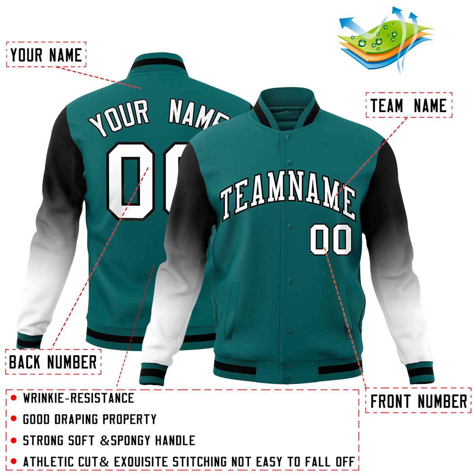 Custom Teal White Black Full-Snap Varsity Raglan Sleeves Gradient Letterman Jacket