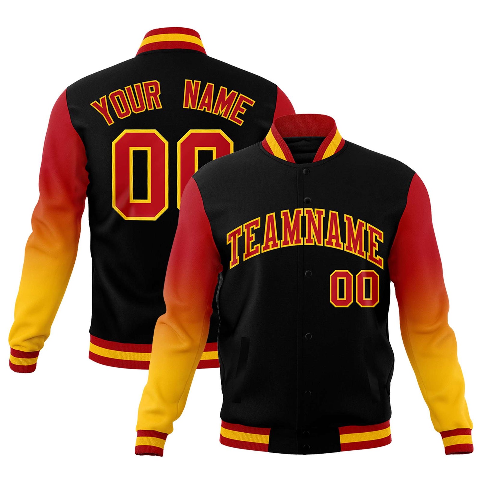 Custom Black Red Gold Full-Snap Varsity Raglan Sleeves Gradient Letterman Jacket