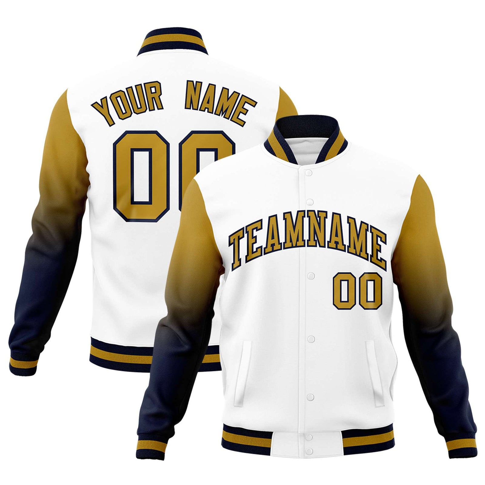 Custom White Old Gold Navy Full-Snap Varsity Raglan Sleeves Gradient Letterman Jacket