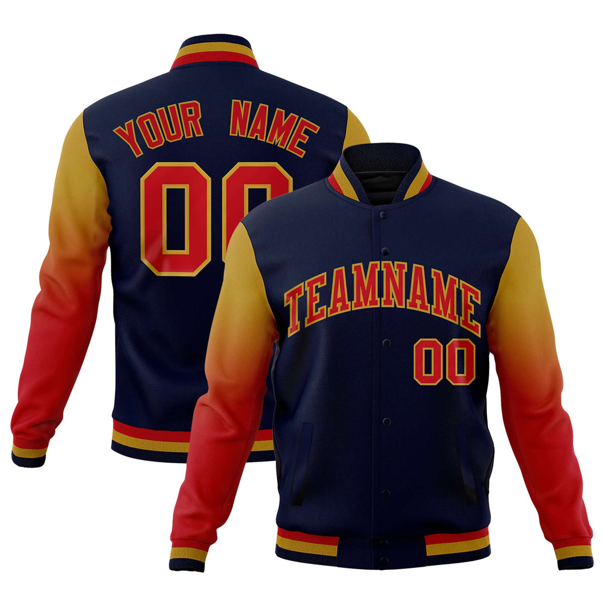 Custom Navy Red Old Gold Full-Snap Varsity Raglan Sleeves Gradient Letterman Jacket