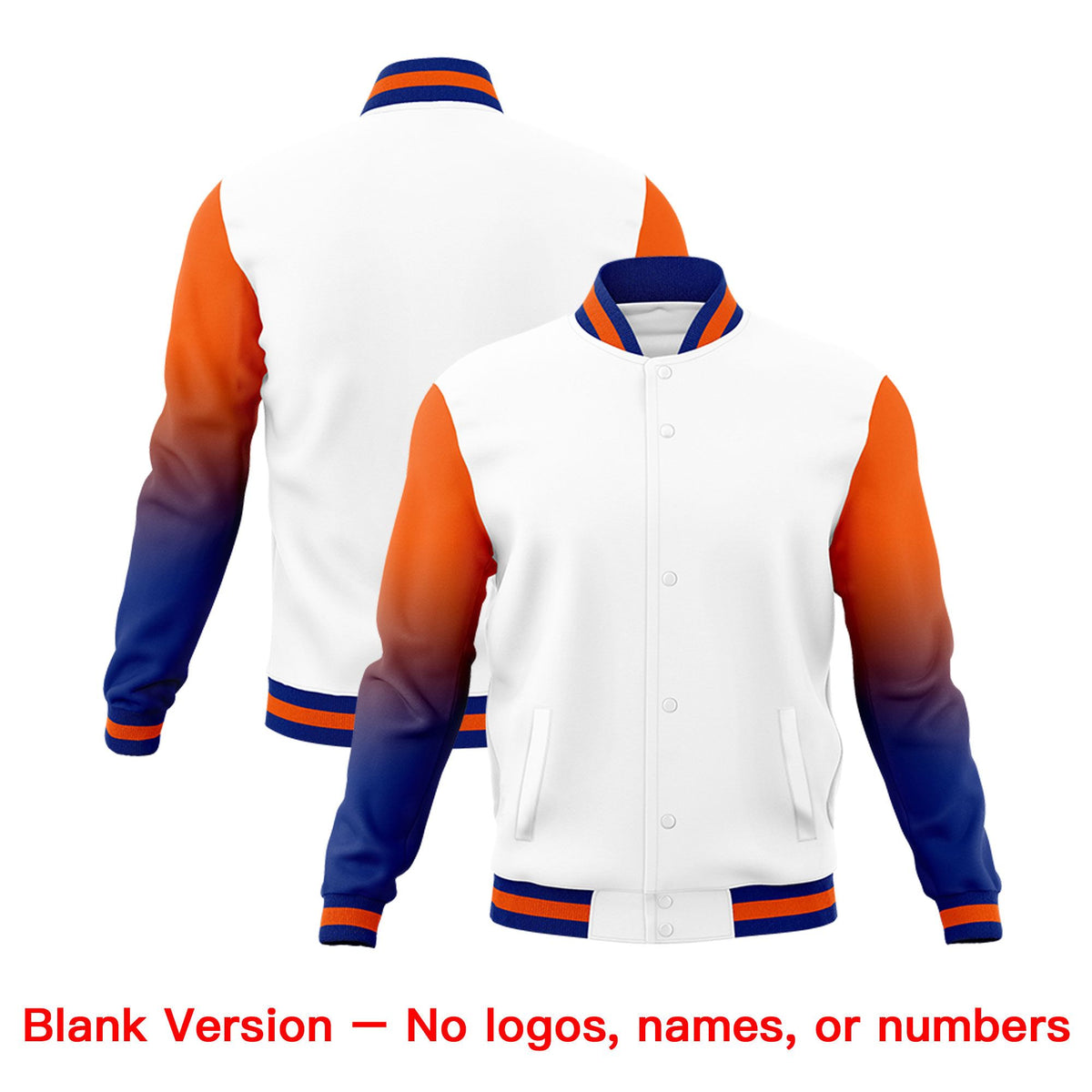 Custom White Orange Royal Blue Full-Snap Varsity Raglan Sleeves Gradient Letterman Jacket