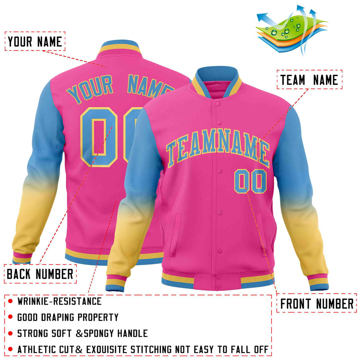 Custom Pink Light blue Khaki Full-Snap Varsity Raglan Sleeves Gradient Letterman Jacket
