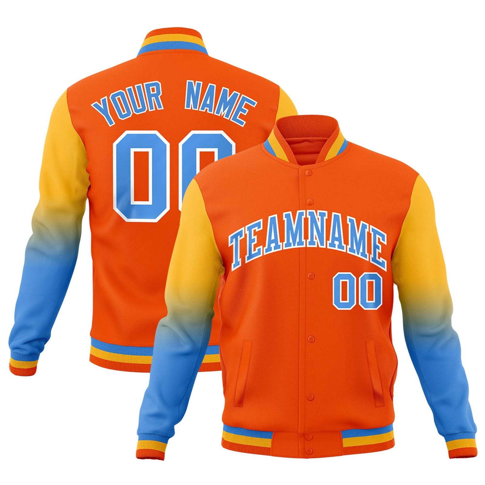 Custom Orange Powder Blue White Full-Snap Varsity Raglan Sleeves Gradient Letterman Jacket