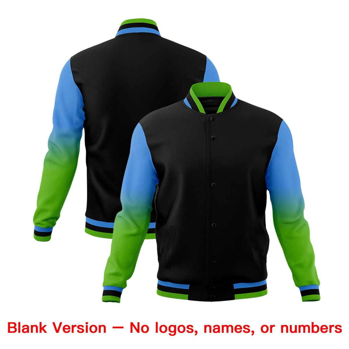 Custom Black Powder Blue White Full-Snap Varsity Raglan Sleeves Gradient Letterman Jacket