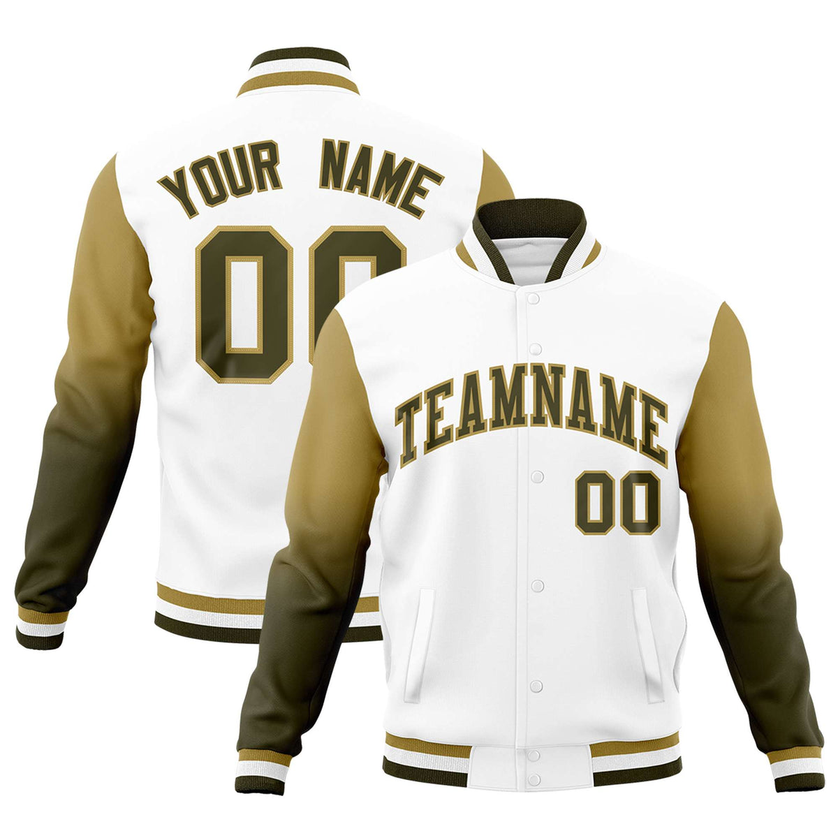Custom White Olive Desert Yellow Full-Snap Varsity Raglan Sleeves Gradient Letterman Jacket