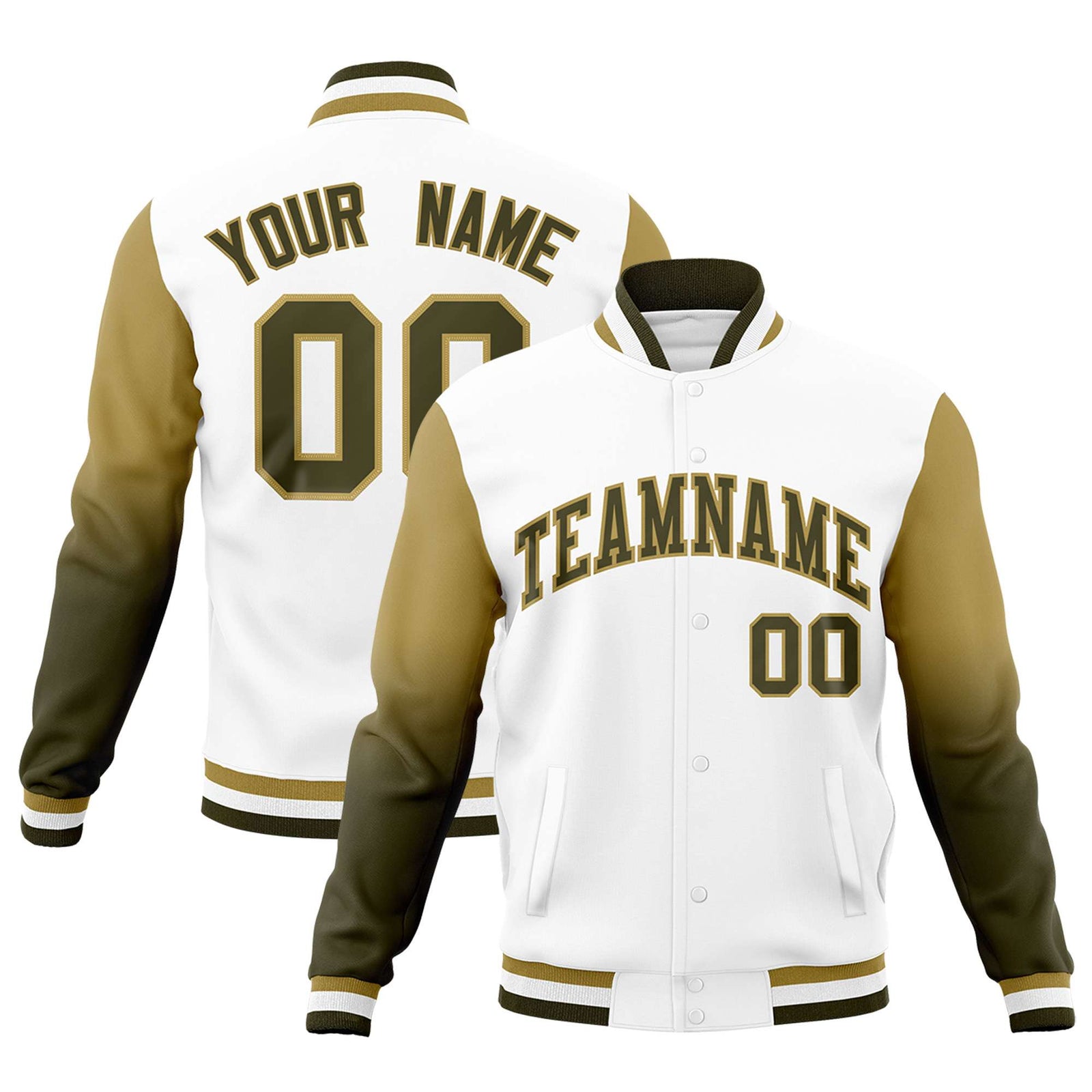 Custom White Olive Desert Yellow Full-Snap Varsity Raglan Sleeves Gradient Letterman Jacket