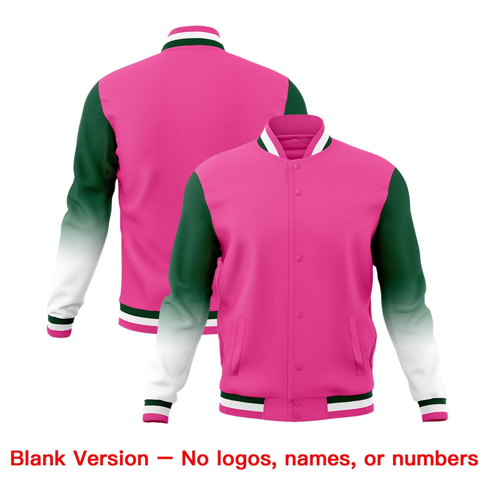 Custom Pink Green White Full-Snap Varsity Raglan Sleeves Gradient Letterman Jacket
