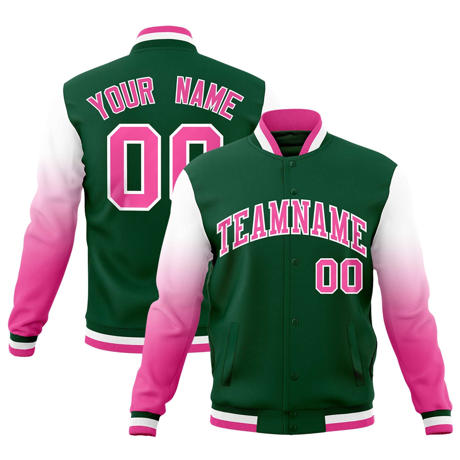 Custom Green Pink White Full-Snap Varsity Raglan Sleeves Gradient Letterman Jacket