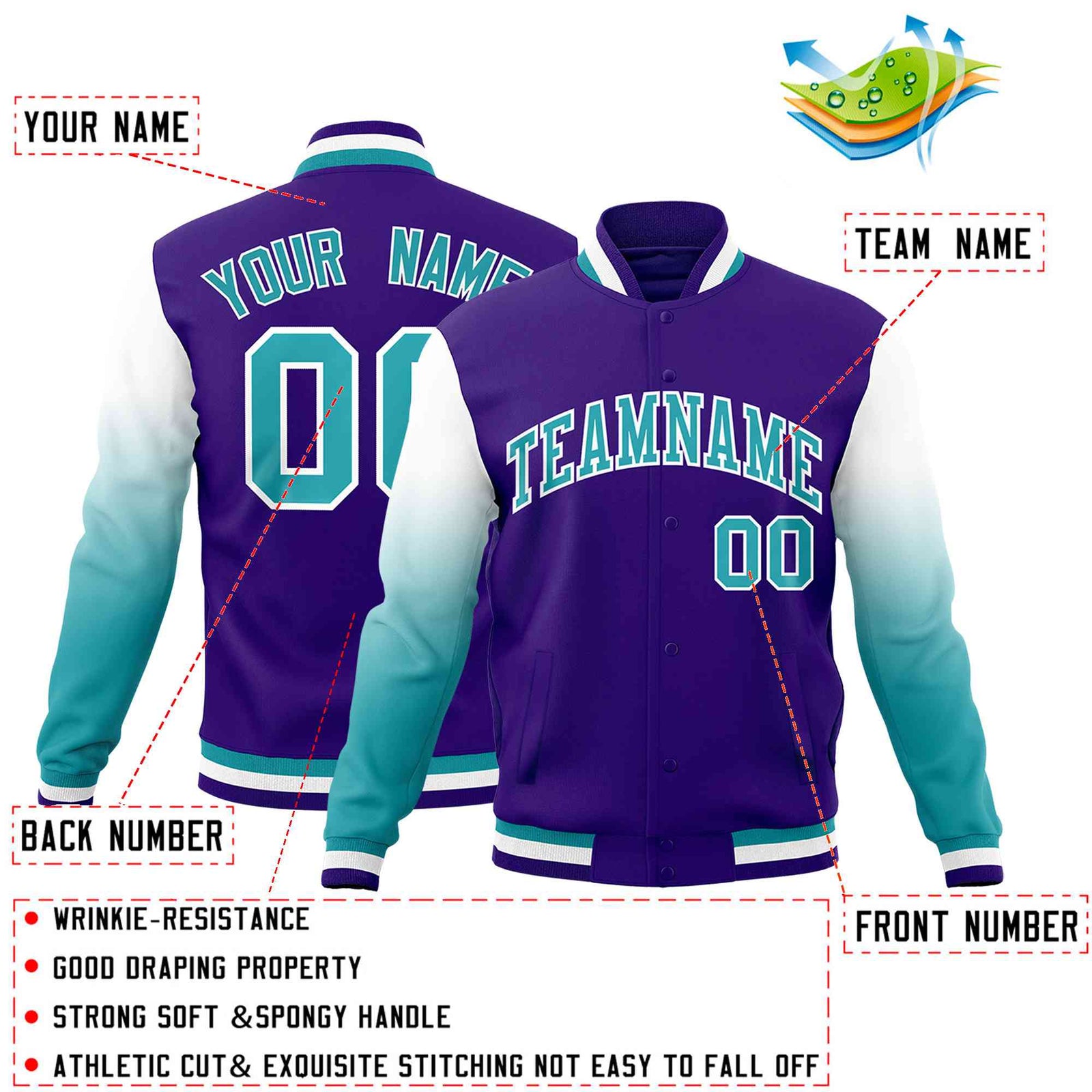 Custom Purple Aqua White Full-Snap Varsity Raglan Sleeves Gradient Letterman Jacket