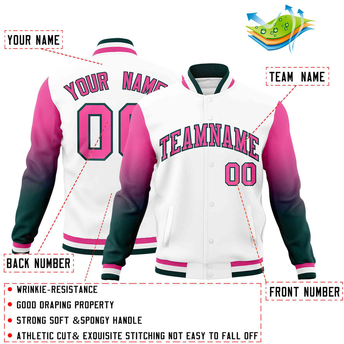 Custom White Pink Midnight Green Full-Snap Varsity Raglan Sleeves Gradient Letterman Jacket