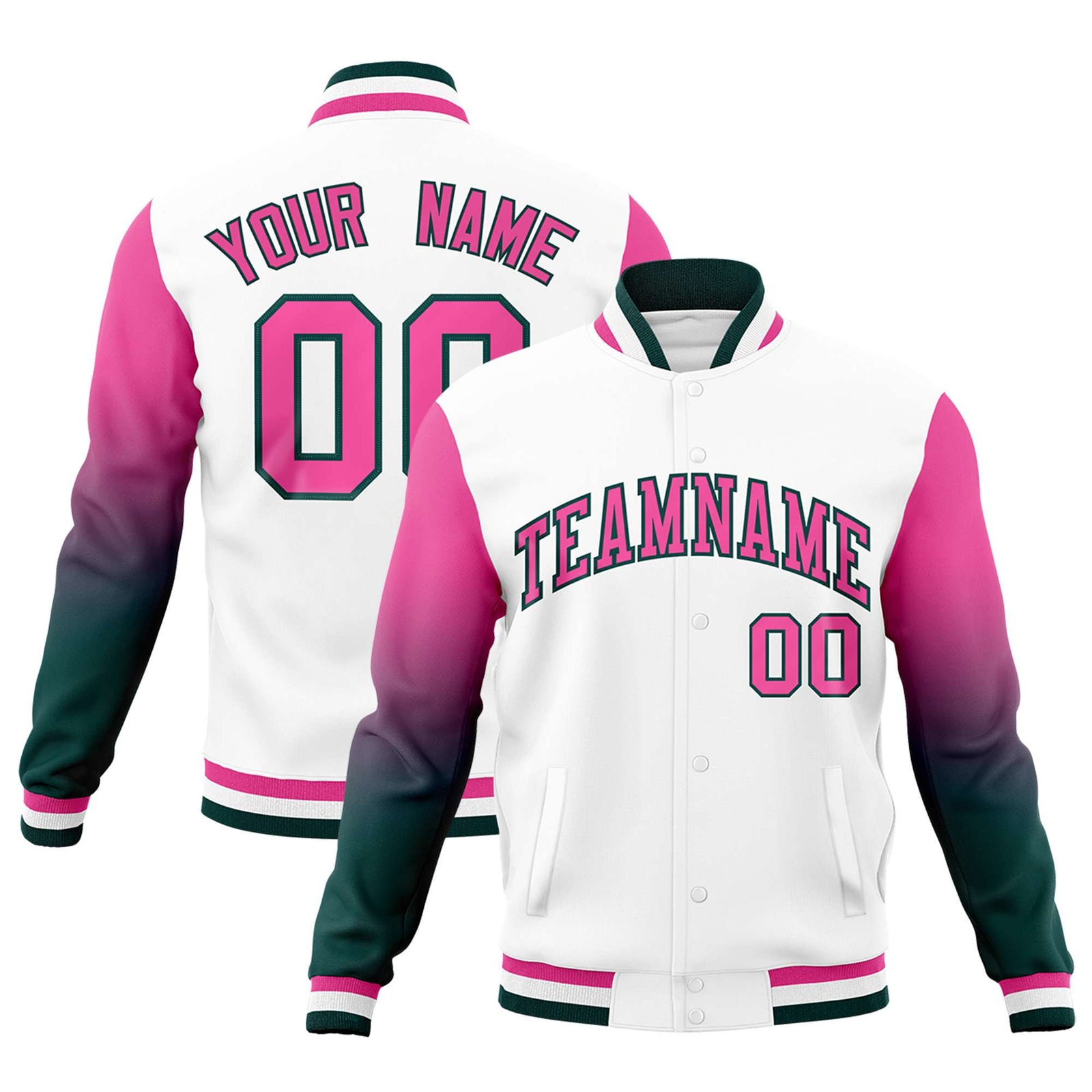Custom White Pink Midnight Green Full-Snap Varsity Raglan Sleeves Gradient Letterman Jacket