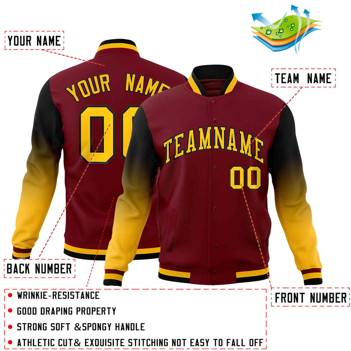 Custom Crimson Gold Black Full-Snap Varsity Raglan Sleeves Gradient Letterman Jacket