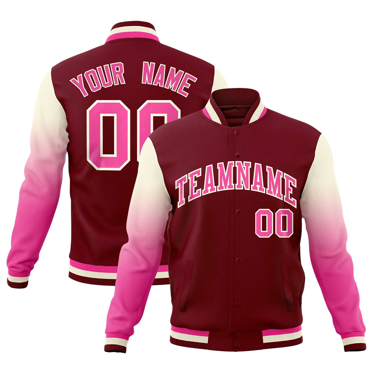 Custom Crimson Pink Cream Full-Snap Varsity Raglan Sleeves Gradient Letterman Jacket