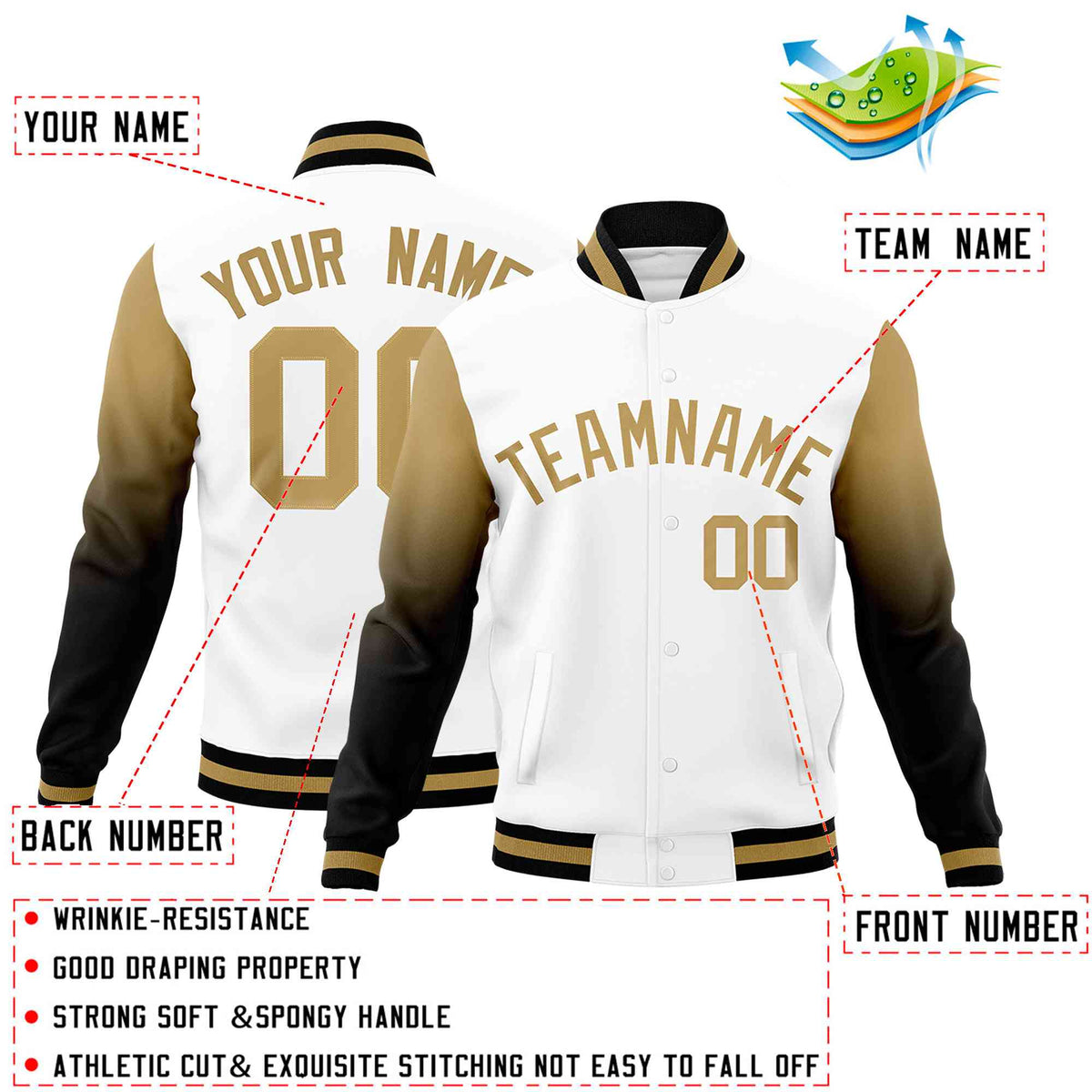 Custom White Black Old Gold Full-Snap Varsity Raglan Sleeves Gradient Letterman Jacket