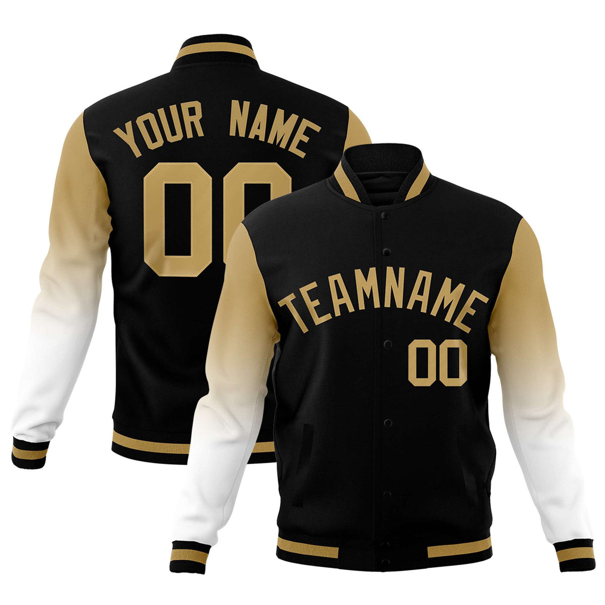 Custom Black White Old Gold Full-Snap Varsity Raglan Sleeves Gradient Letterman Jacket