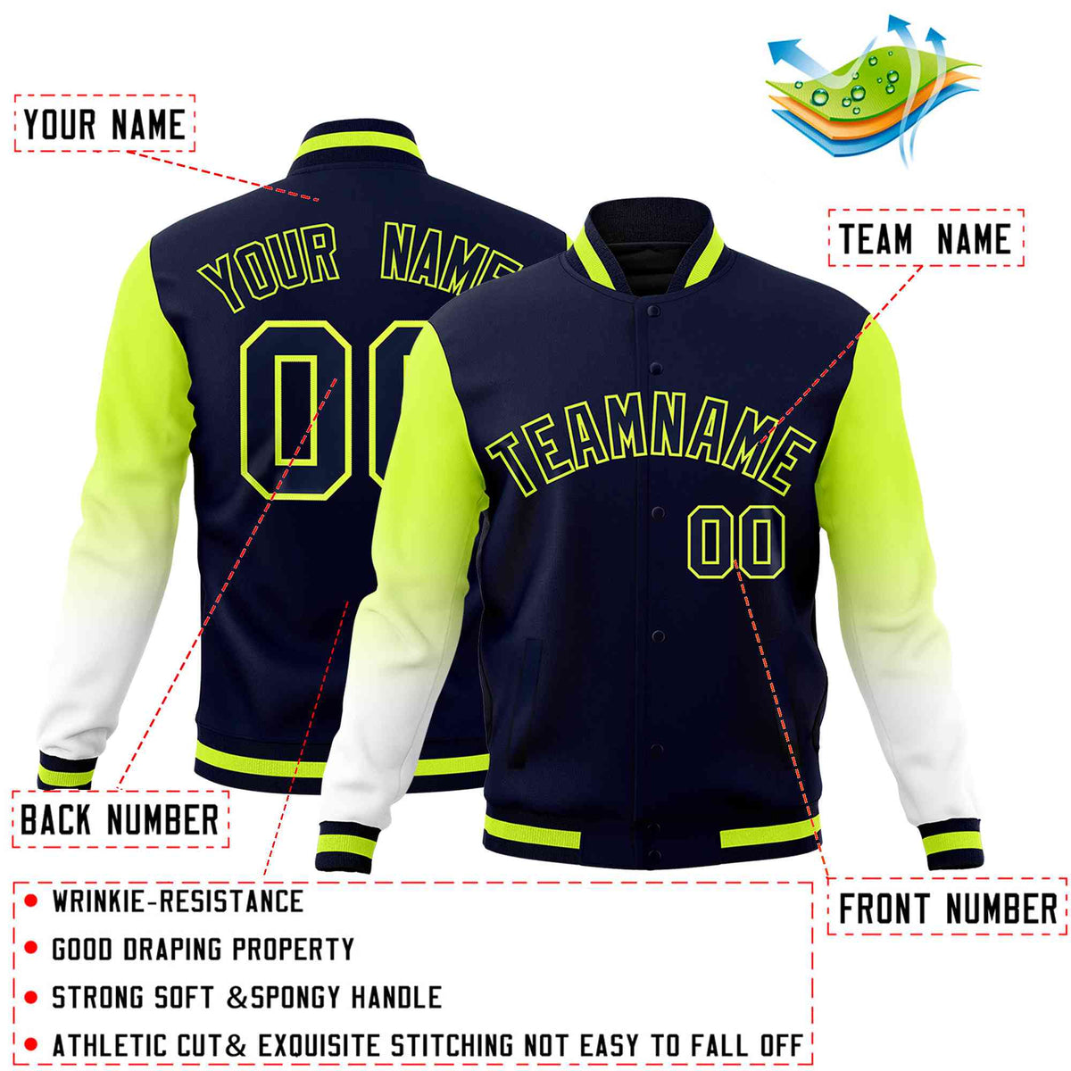 Custom Navy White Neon Green Full-Snap Varsity Raglan Sleeves Gradient Letterman Jacket